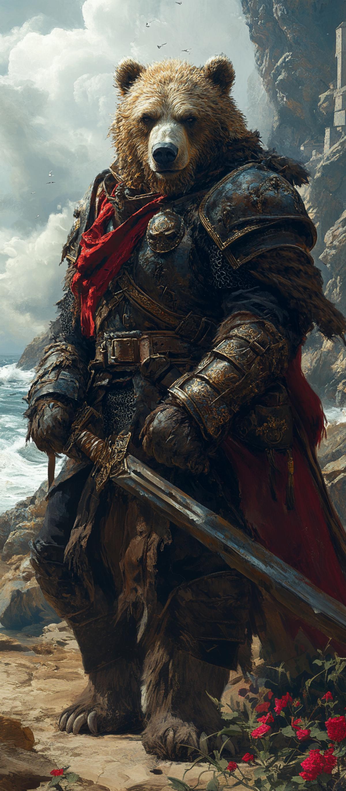 Brown bear warrior swordsman riding a heavy draft horse, massive figure clad in ornate dark armor with intricate iron filigree, gleaming broadsword resting across his lap, cliffs towering above crashing ocean waves below, stormy skies casting dramatic shadows, rugged terrain littered with sharp rocks, horse adorned with rich crimson saddle, fierce stronghold visible in the distance, epic fantasy com4k infused with a sense of impending battle and ancient glory.