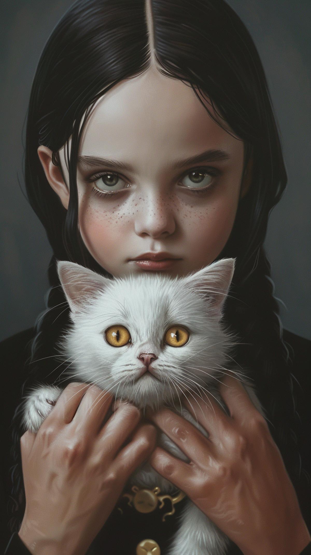 wednesday addams, netflix movie, holding a cute white kitten with yellow eyes, artwork by Aline Smithson