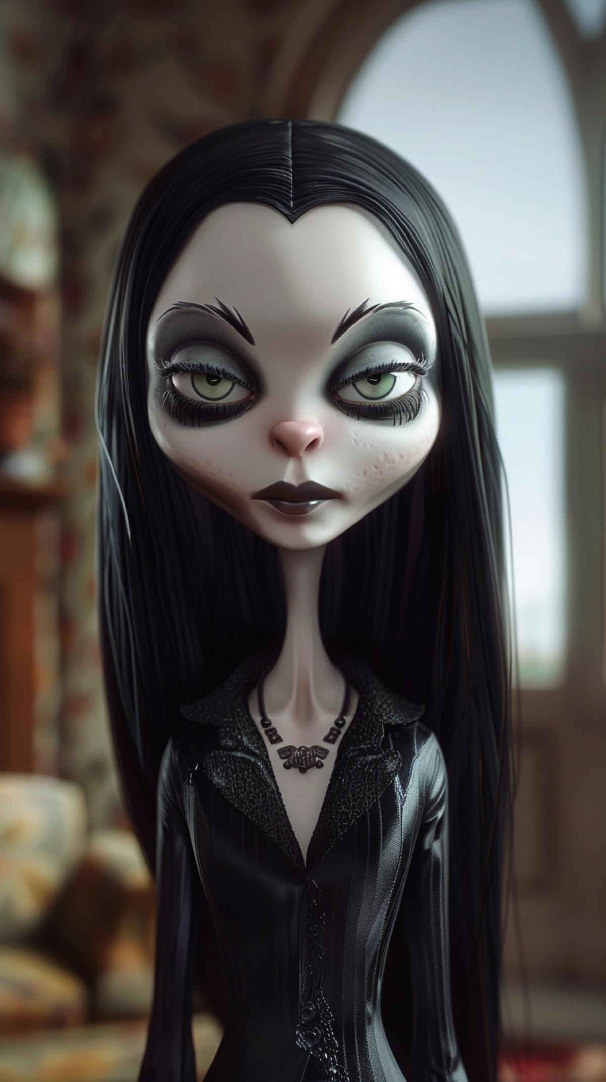 a cartoon morticia addams movie character is standing, in the style of hyper-realistic sculptures, reylia slaby, 2d, machine aesthetics, eye-catching com4k, playful cartoons, skottie young