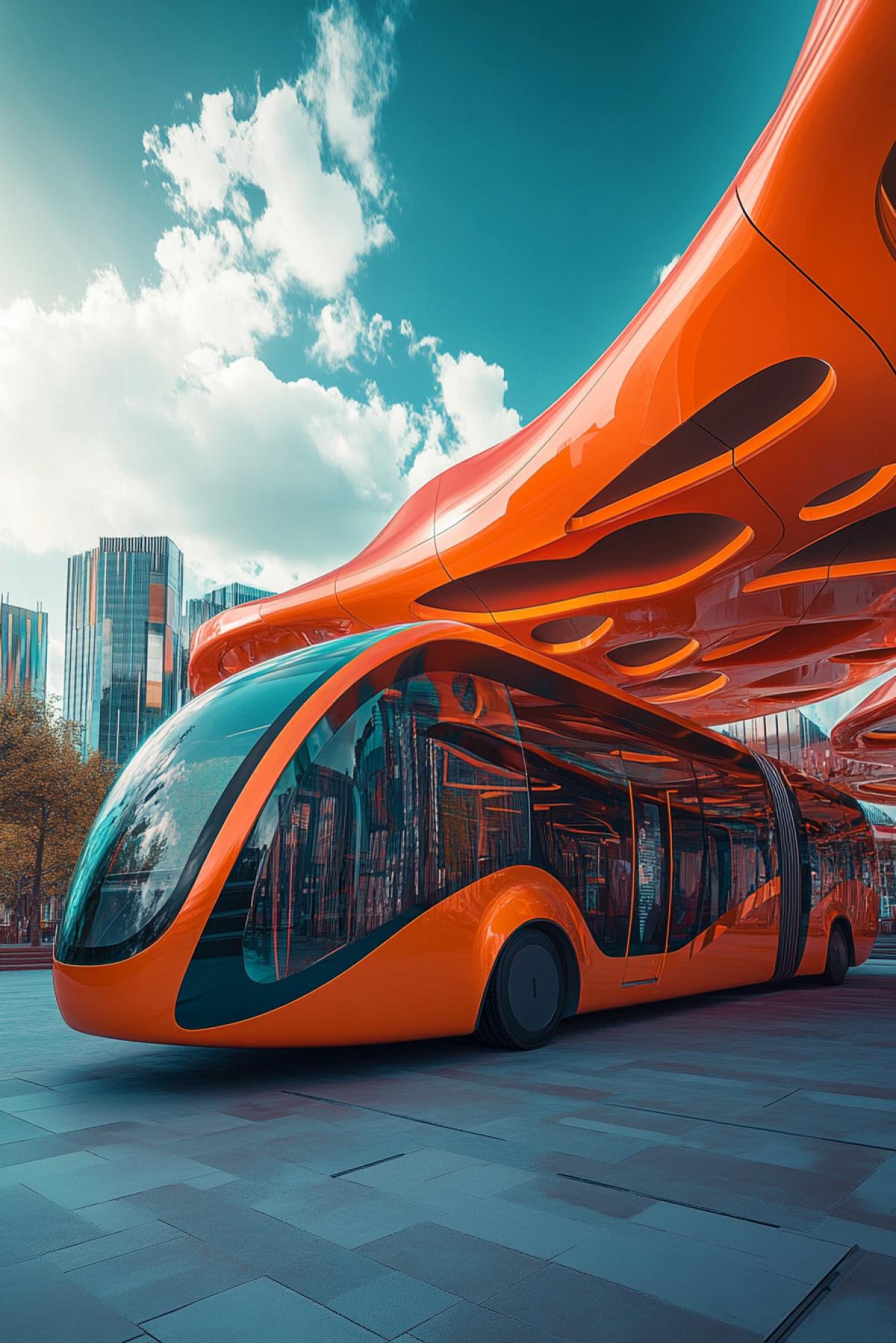 Futuristic bizarre bus pitstop for flying buses over city of the future low view bright colours