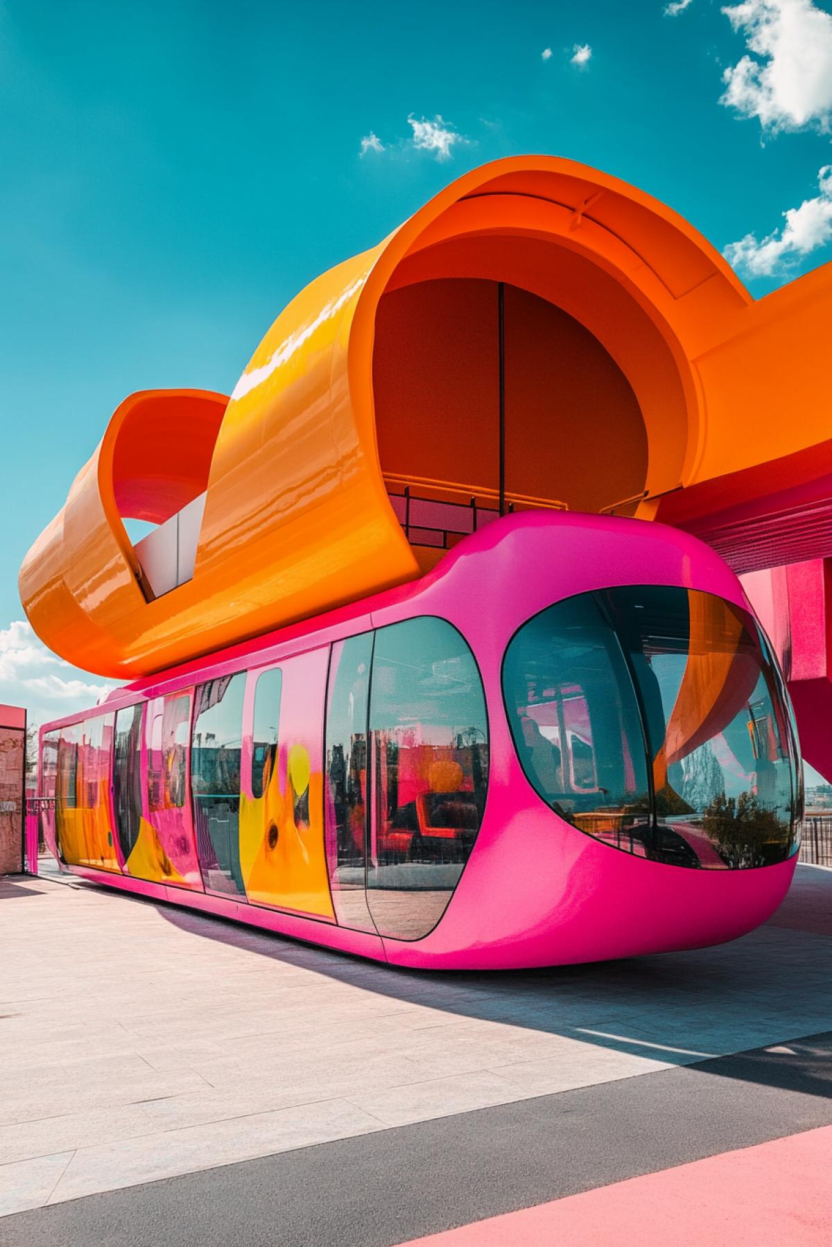 Futuristic bizarre bus pitstop for flying buses over city of the future low view bright colours