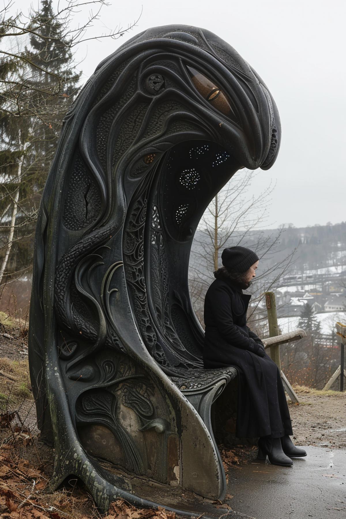 Martin Parr-style documentary photography, Giger-style bus stop