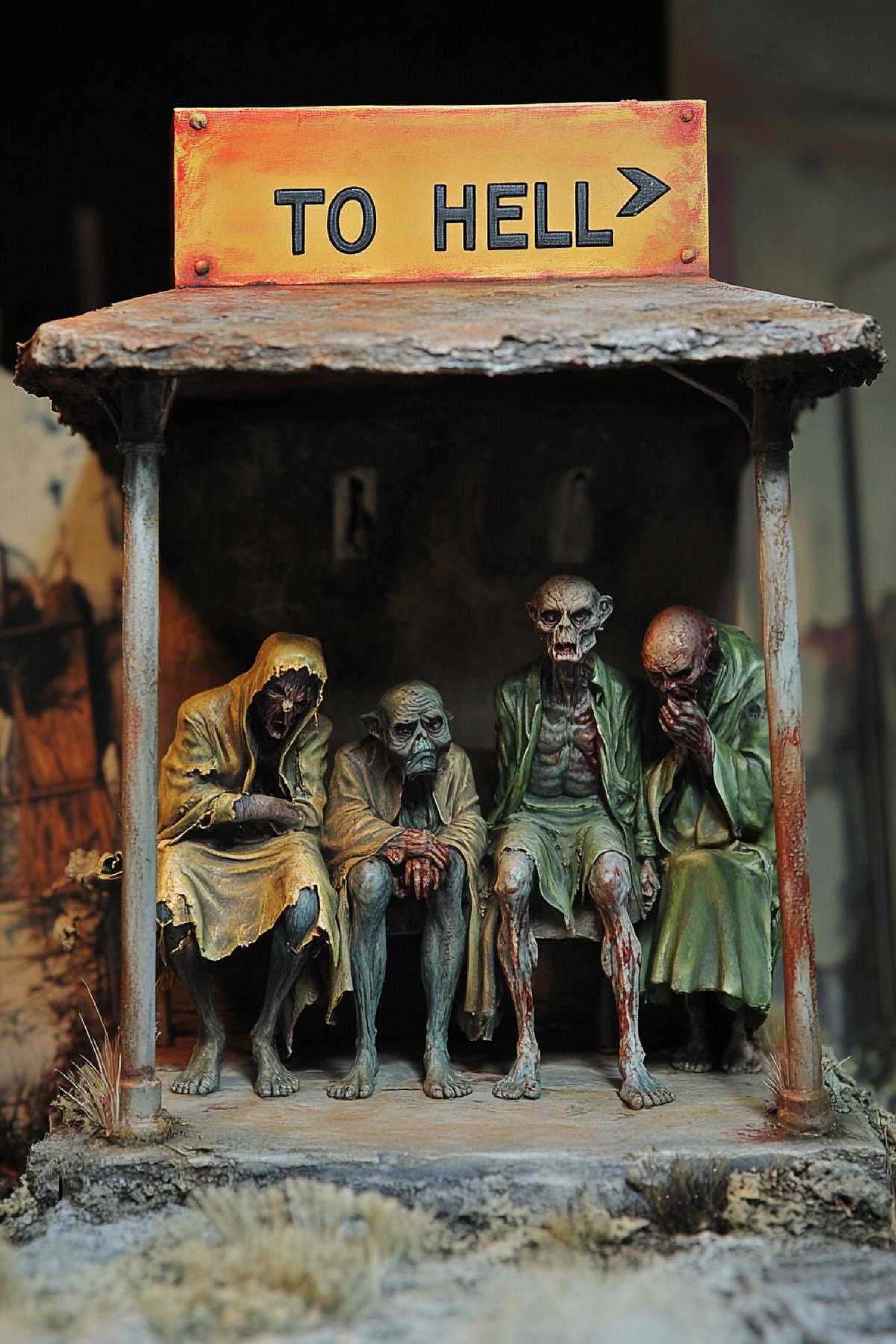 Bus stop on the highway to hell several ugly sinners awaiting for bus modern art allegoric ironic art hyper realistic arrowsign \"TO HELL\"