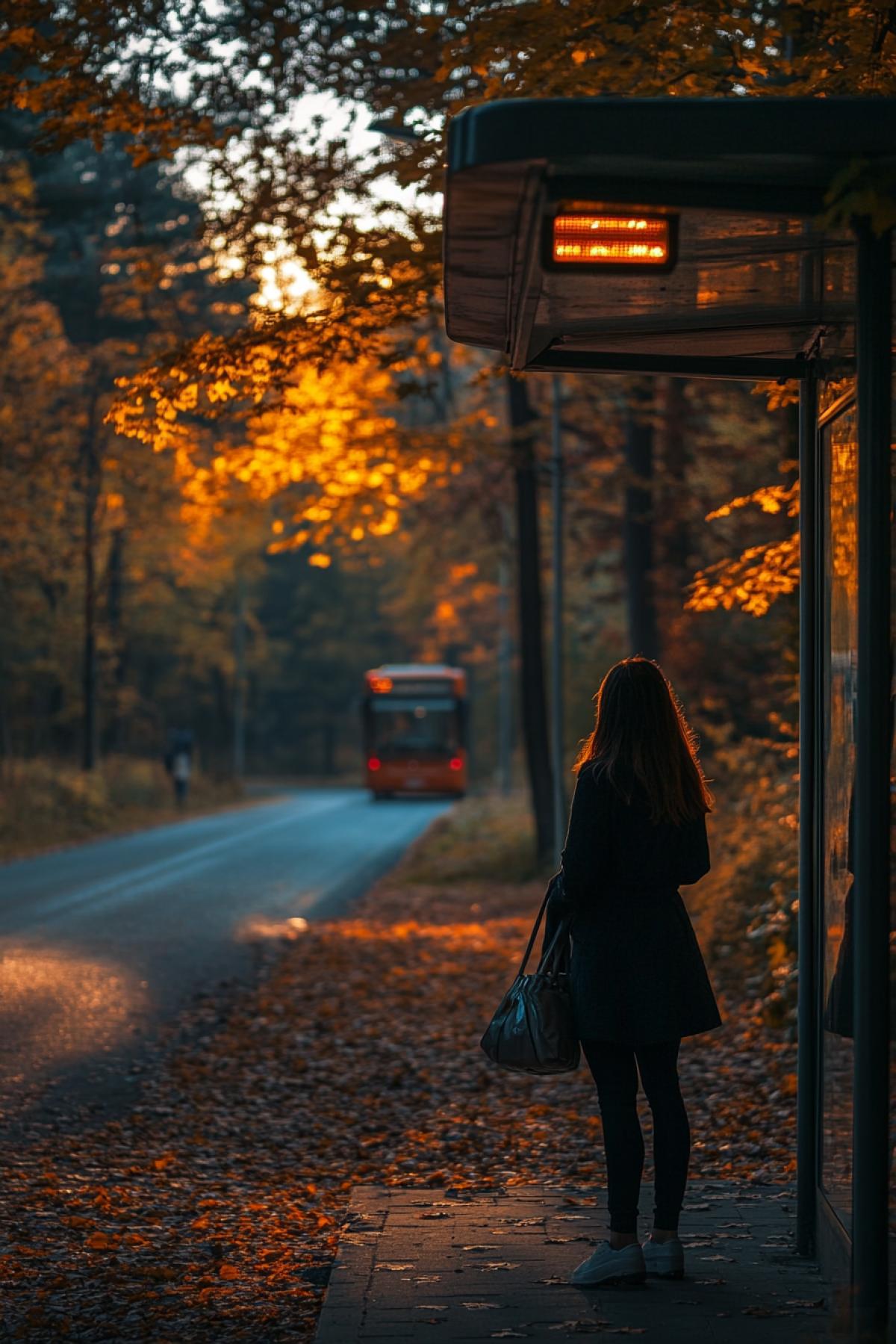Lonely beautiful woman awaiting for bus at the bus stop on the background of Indian summer forest evening low view shot