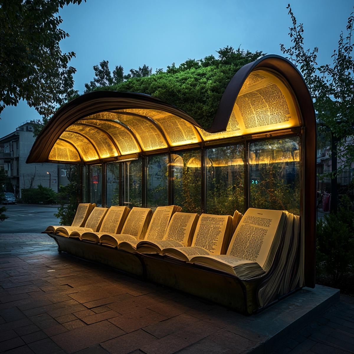 A bus stop in the form of a giant book with open pages, benches inside embedded in the text, glass pages with engraved quotes, soft lighting from the inside, the roof is decorated with green moss, a feeling of magic and immersion in the world of literature, an atmosphere of comfort and tranquility.