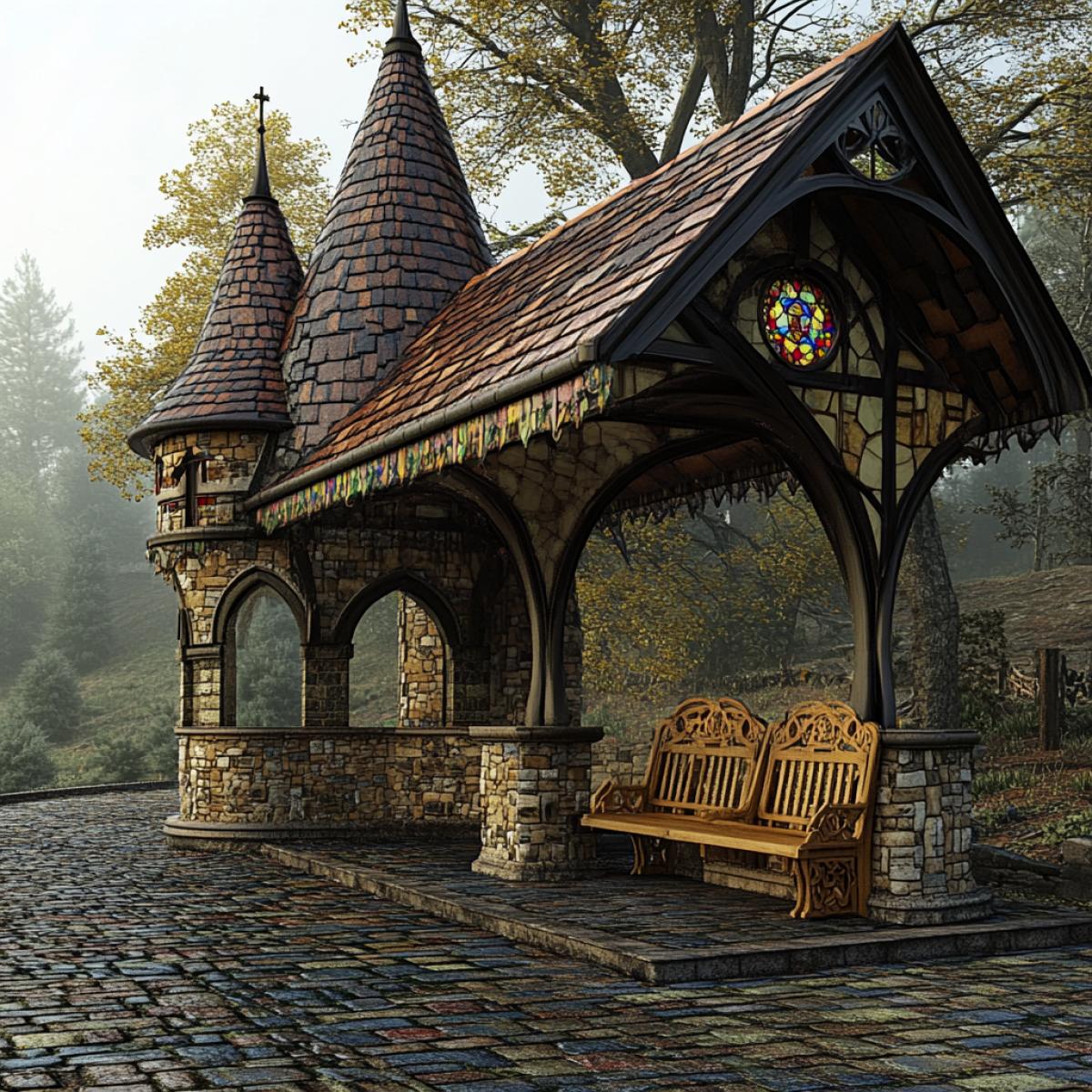 A bus stop made in the style of a medieval castle, brick walls, small turrets in the corners, stained glass windows, wooden benches with carvings, a roof with Gothic arches, a forest in the distance, creating a feeling of time travel, a gloomy romantic atmosphere.