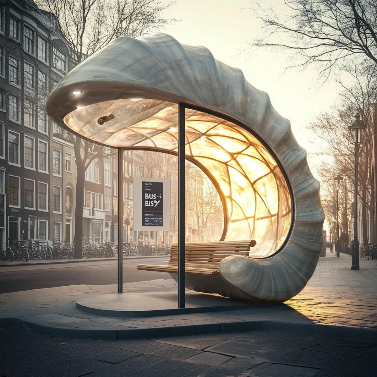 A bus stop in the shape of a giant snail shell, placed on a city street, benches built into the curved shape of the shell, glass walls giving an overview of the city, a \"Bus\" sign with a route near the stop, sunlight reflected from mother-of-pearl, elements of urban infrastructure around.