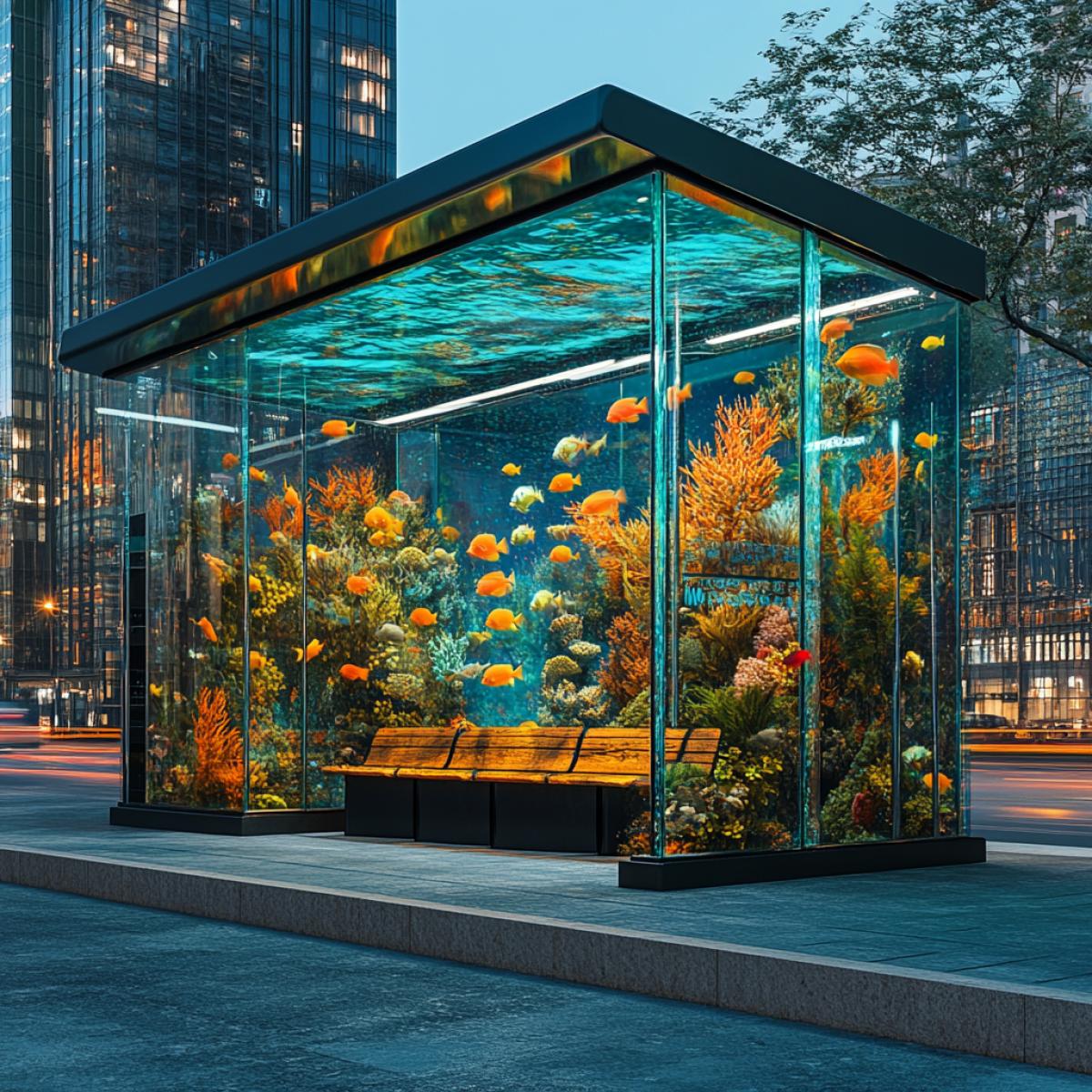 A bus stop in the form of a big transparent aquarium, the walls and roof are made of glass, bright tropical fish swim inside, corals and algae create an underwater world, soft blue lighting, benches are made in the shape of corals, an inscription with the route on the glass, a feeling of underwater diving, a cityscape around .