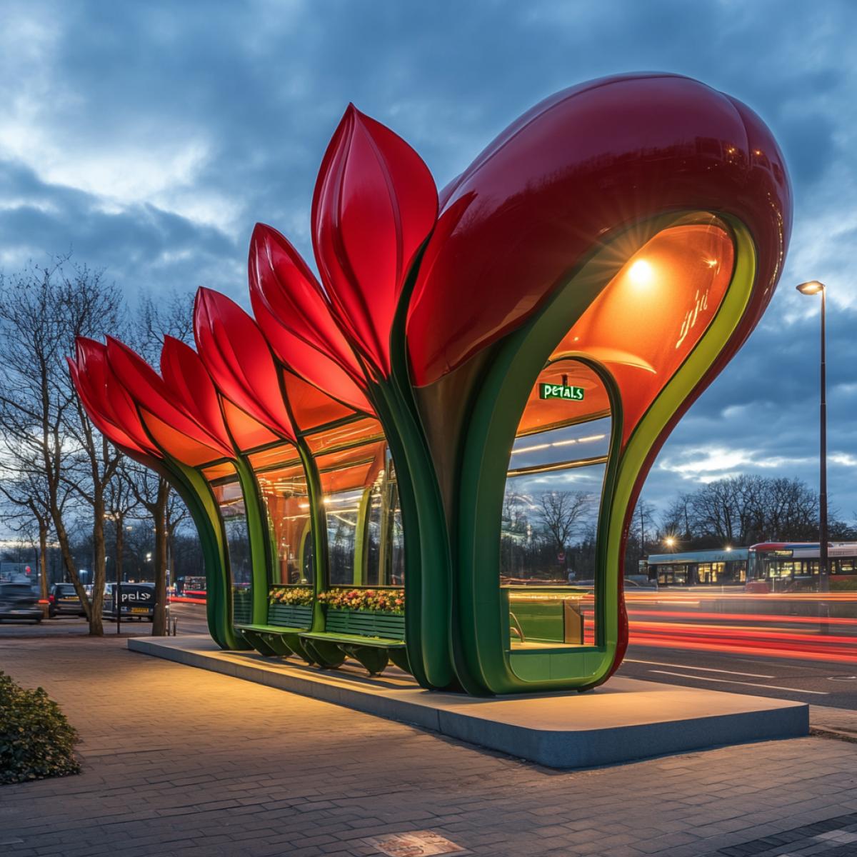 Bus stop shaped like a giant tulip, petals open to form a roof and walls, bright red and green colors, benches shaped like leaves, soft natural light filtering through the \"petals\", floral scent in the air, city street, spring atmosphere and harmony with nature .