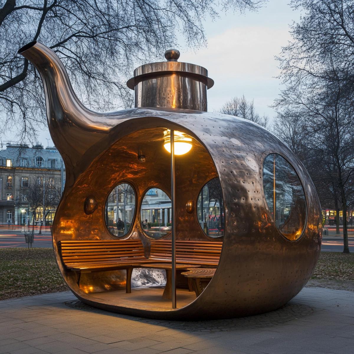 A bus stop in the shape of a giant teapot, a metal with details as if made of polished copper, a steam spout, benches in the shape of teaspoons, windows on the sides creating the effect of a cozy space, soft warm light from the inside, a city park nearby, an atmosphere of comfort and warmth, original detail of urban infrastructure.