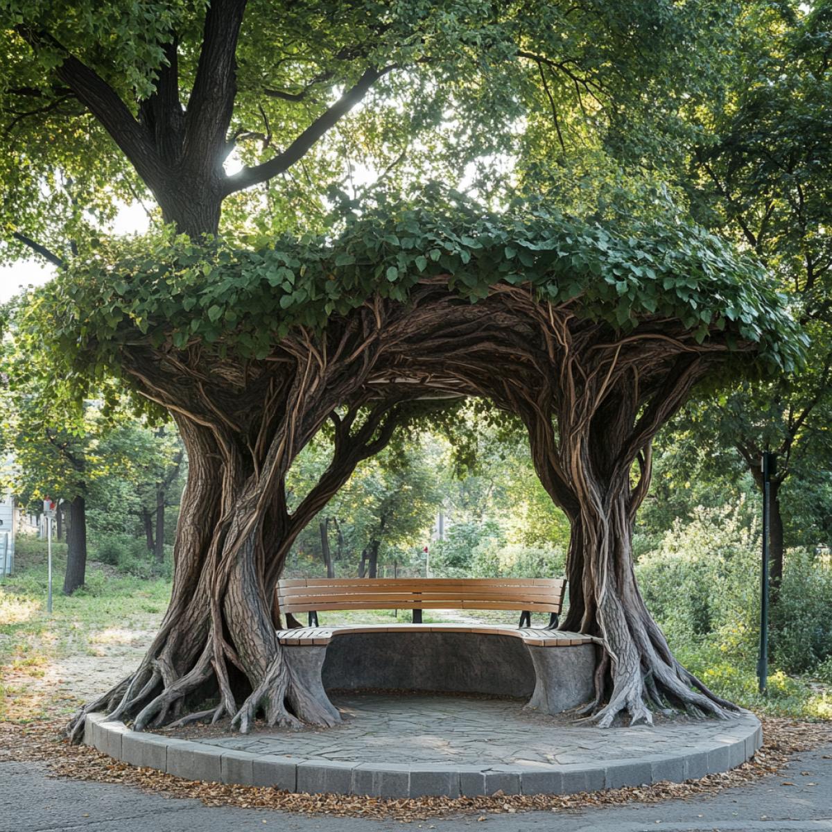 A bus stop in the form of a giant tree with a dense crown, the trunk of which serves as a central support, a roof made of intertwined branches and leaves, benches built into the roots of the tree, walls made of natural stone, soft light penetrates through the foliage, a forest path leads to the bus stop, a natural oasis in the middle of the city .