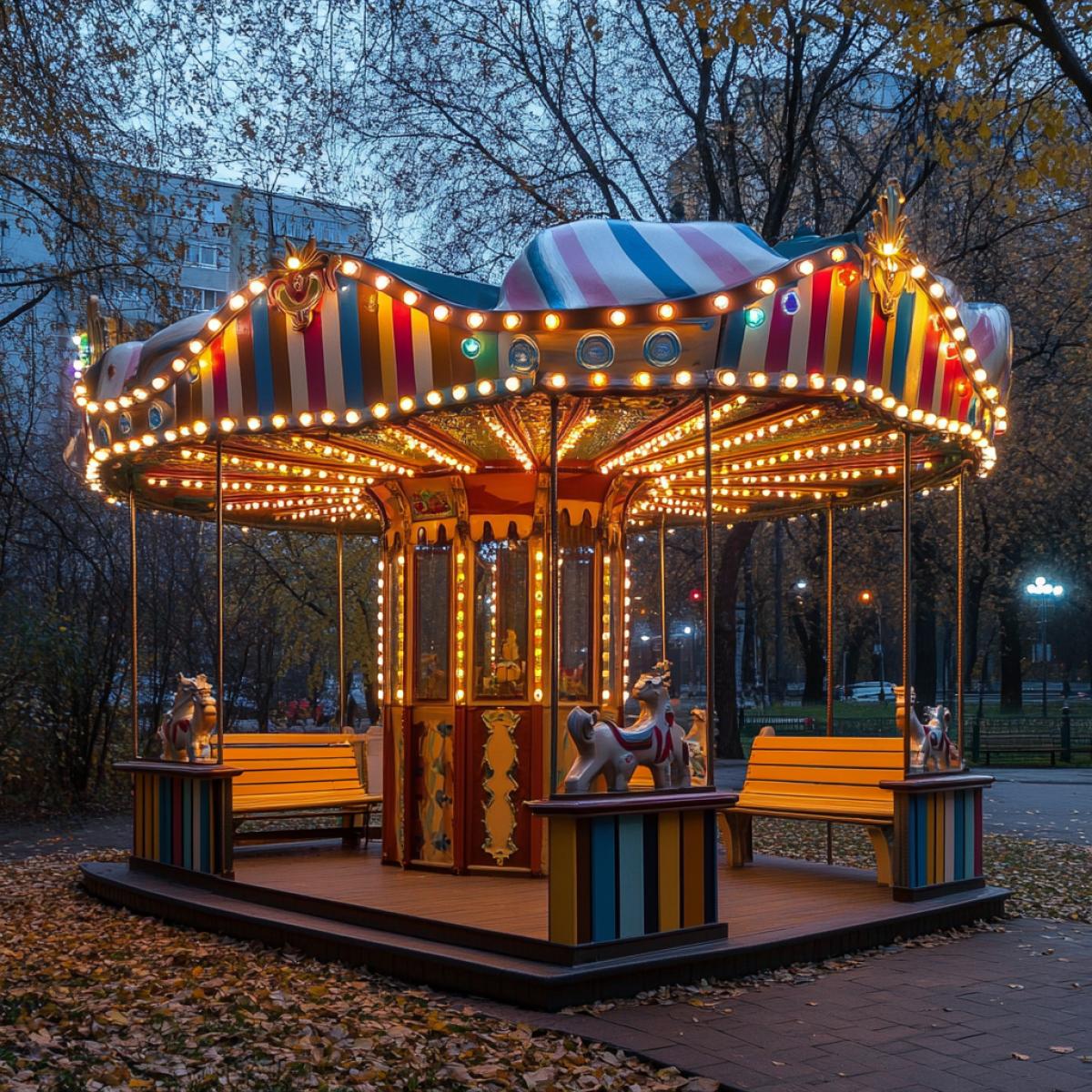 A bus stop in the style of a classic carousel, the roof is decorated with bright striped awnings, benches are made in the shape of seats on a carousel, multi-colored light bulbs around the perimeter, wooden posts with carved figures of animals, a bright and festive atmosphere, a feeling of nostalgia and fun, a city park in the background.