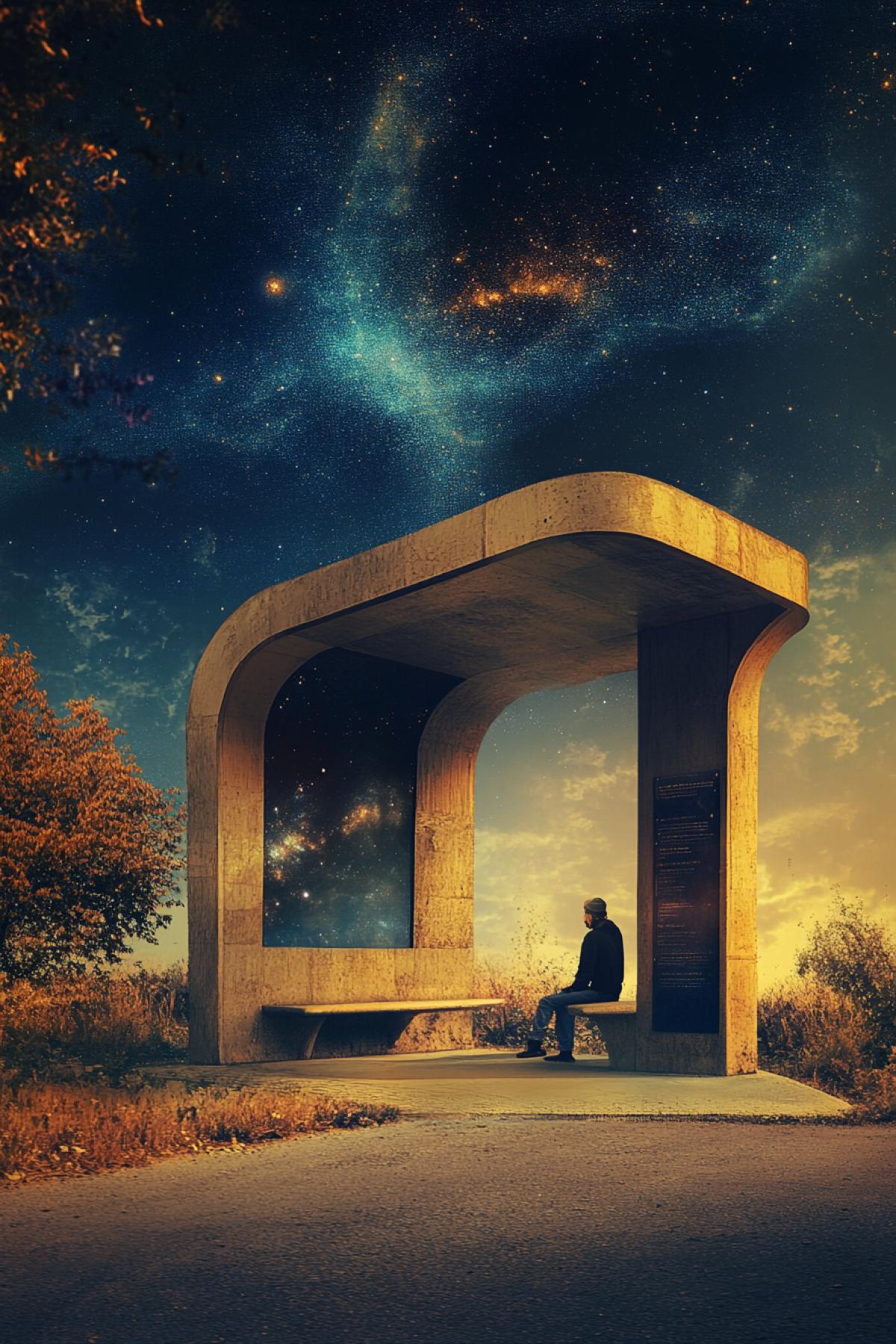 bus stop in the form of heavens gate, maximalism, flickering, realistic image, photoshop