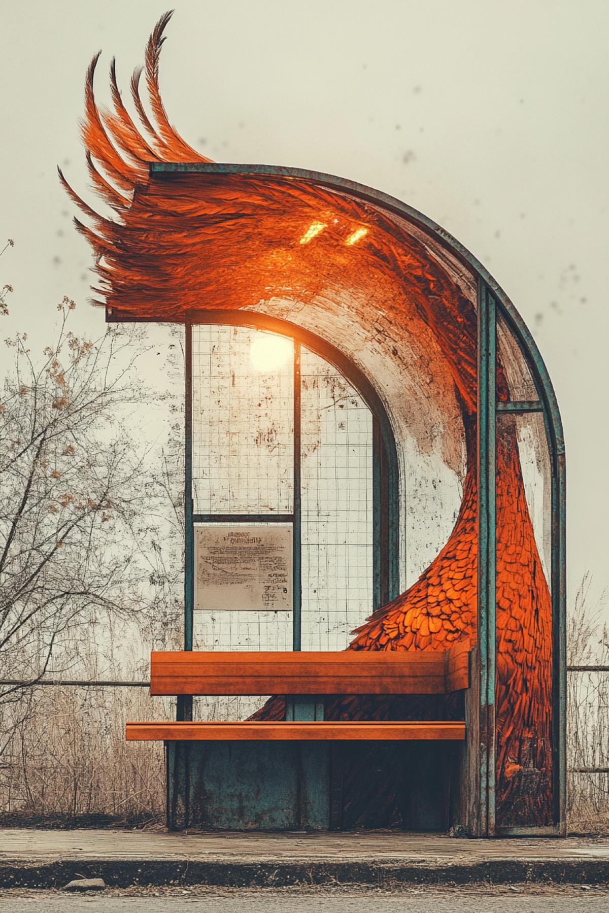 Bus stop in the form of a bird, become, greatness, flickering, photoshop, maximalism,