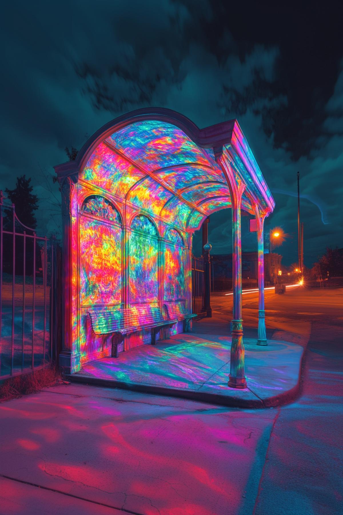 Bus stop in the image of the gates of heaven, flickering, photoshop, maximalism, psychedelic