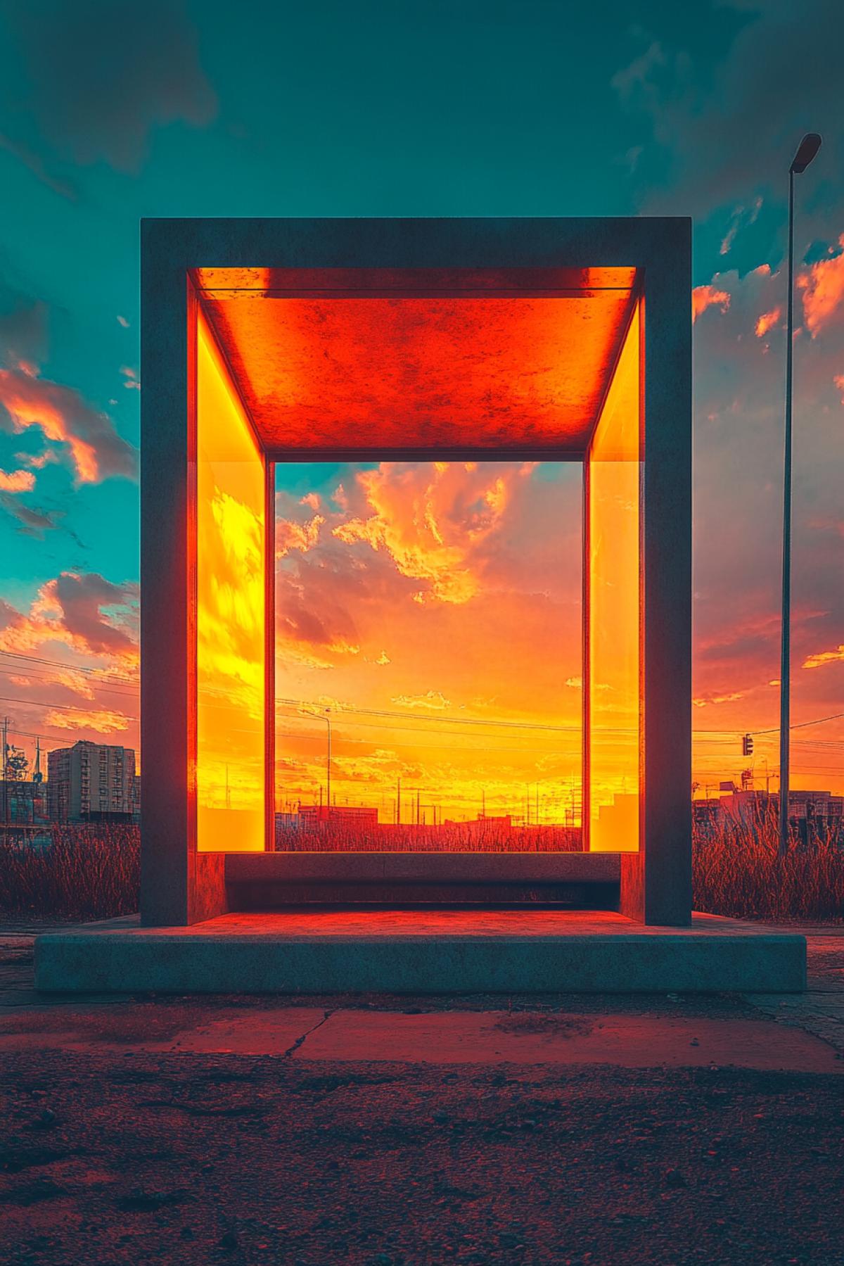 bus stop in the form of heavens gate, maximalism, flickering, realistic image, photoshop