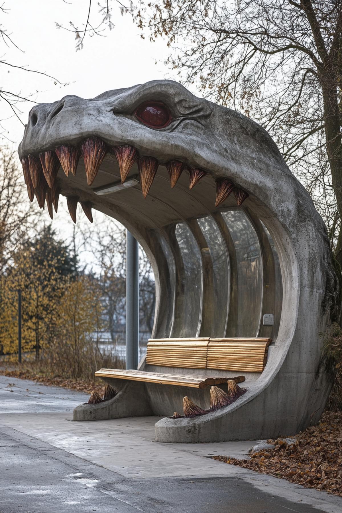 Bus stop shape of aggressive monster open mouth concrete polished wood glass the benches inside detailed photo