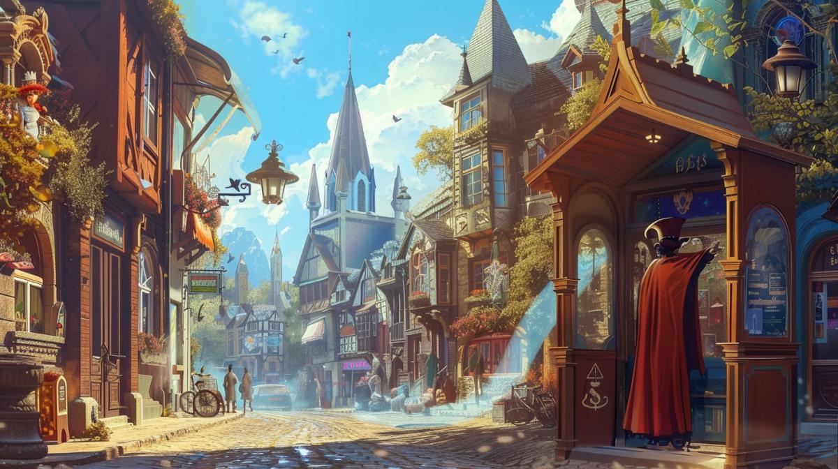 In the foreground is a bus stop in the form of a magician opening his cape in a fantasy town