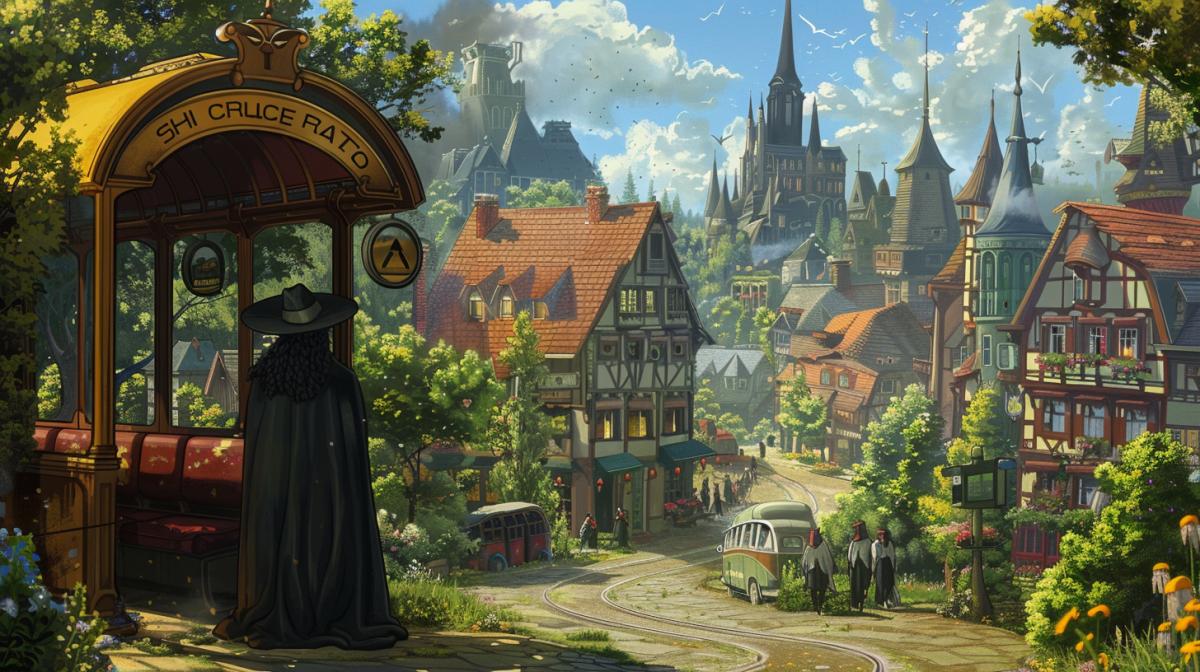 In the foreground is a bus stop in the form of a magician opening his cloak, in the background is a fantasy town