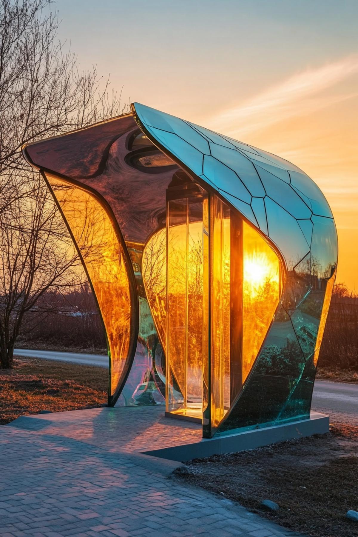 Futuristic strange bizarre shape bus stop made of сrystal and glass shining in sunset rays in suburban nature full colour epic photo
