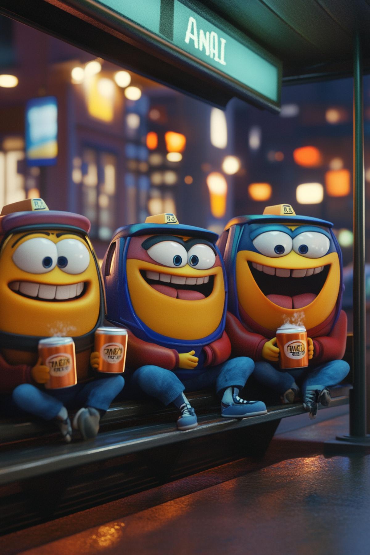Three anthropomorphic buses sitting on bench at bus stop drinking beer Pixar 3d illustration