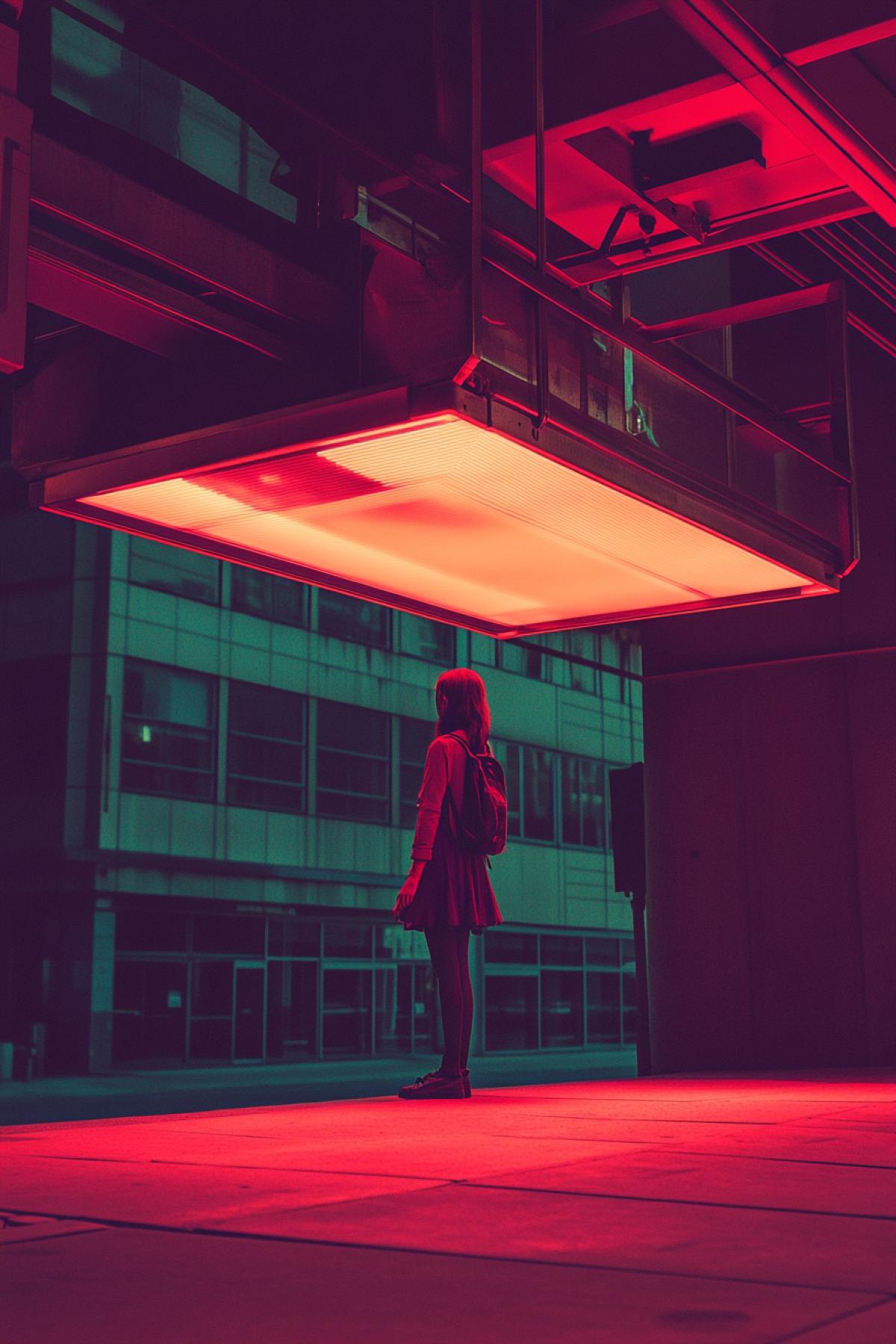 A girl at a high-tech style bus stop floating above the ground is waiting for the bus, a photo with a delicate color palette, a bewitching vibe, filmed on a Sony camera.