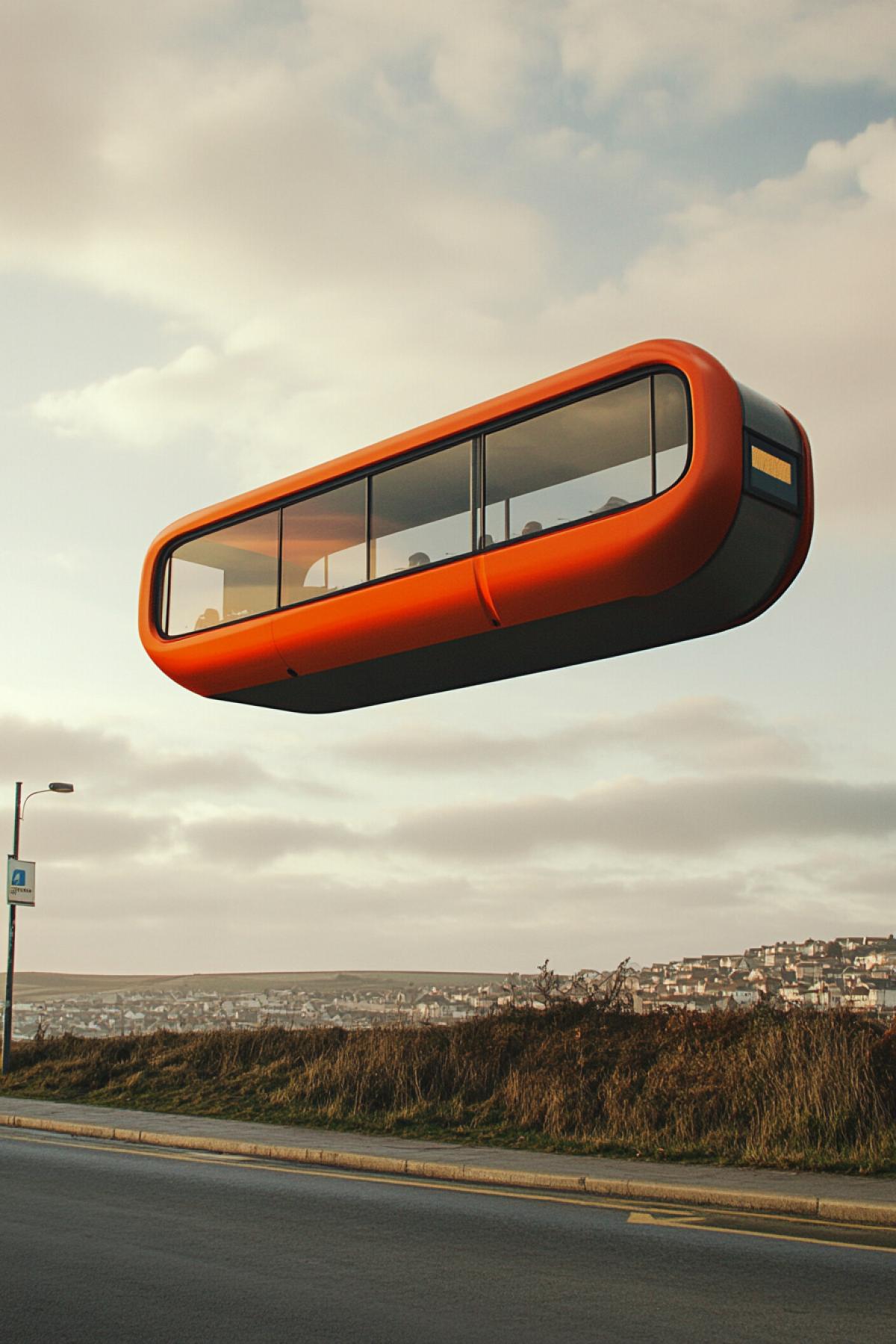Anti-gravity bus stop flying low above the ground in the style of Star Wars, concept photo