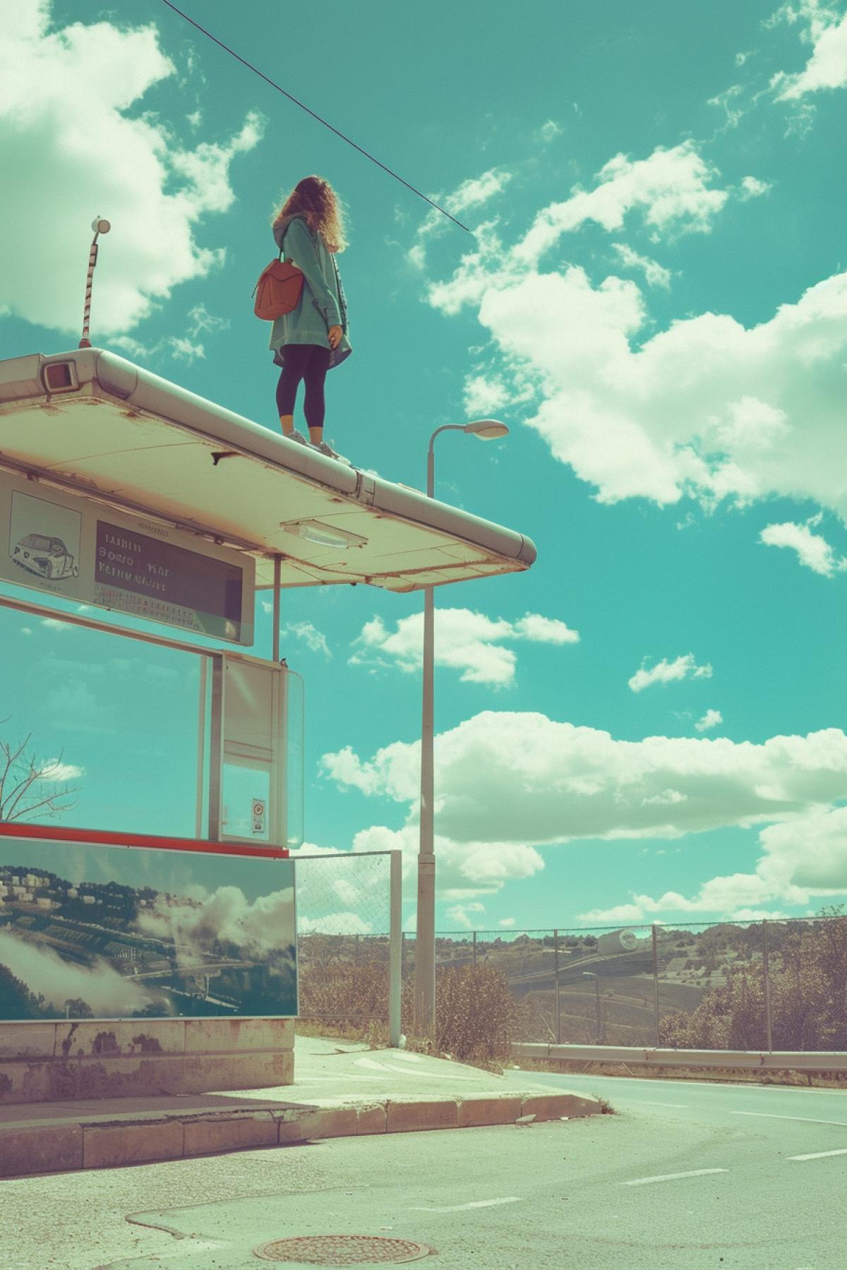 A girl at a high-tech style bus stop flying above the ground is waiting for the bus, photo with a delicate color palette, shot on a Sony camera.