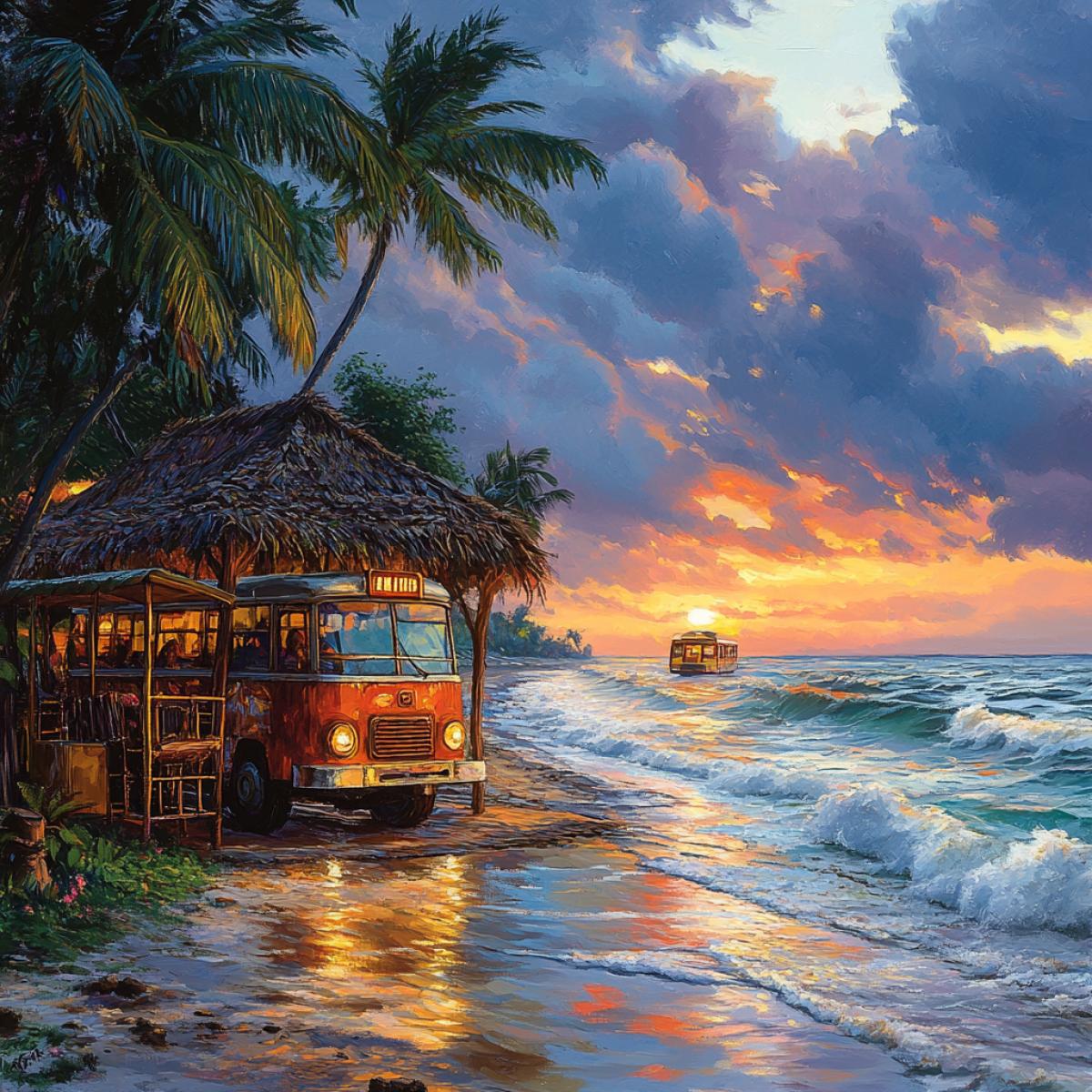 A beachfront bungalow-style bus stop, coastal highway stretching into the horizon, vibrant ocean waves crashing nearby, detailed thatched roof blending with sandy shores, intricate wooden carvings depicting marine life, soft pastel colors of sunset illuminating the scene, departure bus silhouetted against the sky, refreshing breeze hinted by shifting palm fronds, picturesque fusion of transportation and tropical life.