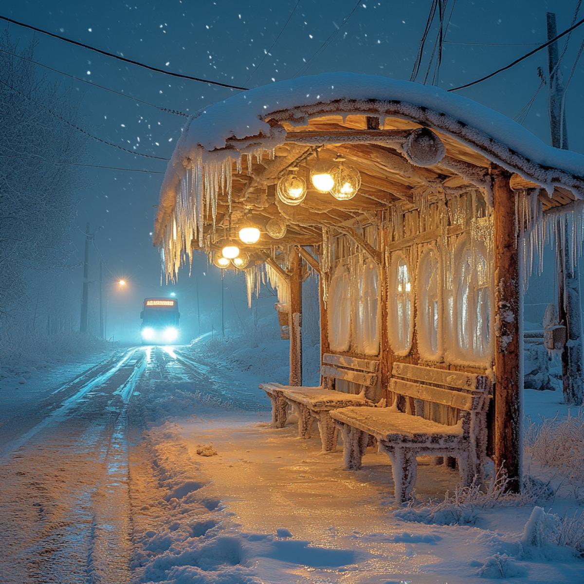 An icy cabin-styled bus stop, winter night enveloped in deep silence, glistening snow covering the desolate highway, ice sculptures forming natural decorations, soft blue and white hues illuminating the surroundings, faint silhouette of a bus approaching through swirling snowflakes, rustic wooden beams frozen in time, enchanting frost patterns adorning the windows, magical blend of cold comfort and transit.