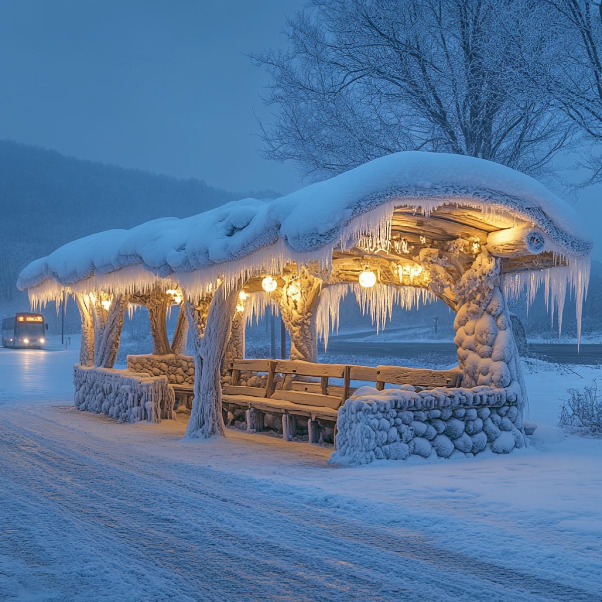 An icy cabin-styled bus stop, winter night enveloped in deep silence, glistening snow covering the desolate highway, ice sculptures forming natural decorations, soft blue and white hues illuminating the surroundings, faint silhouette of a bus approaching through swirling snowflakes, rustic wooden beams frozen in time, enchanting frost patterns adorning the windows, magical blend of cold comfort and transit.