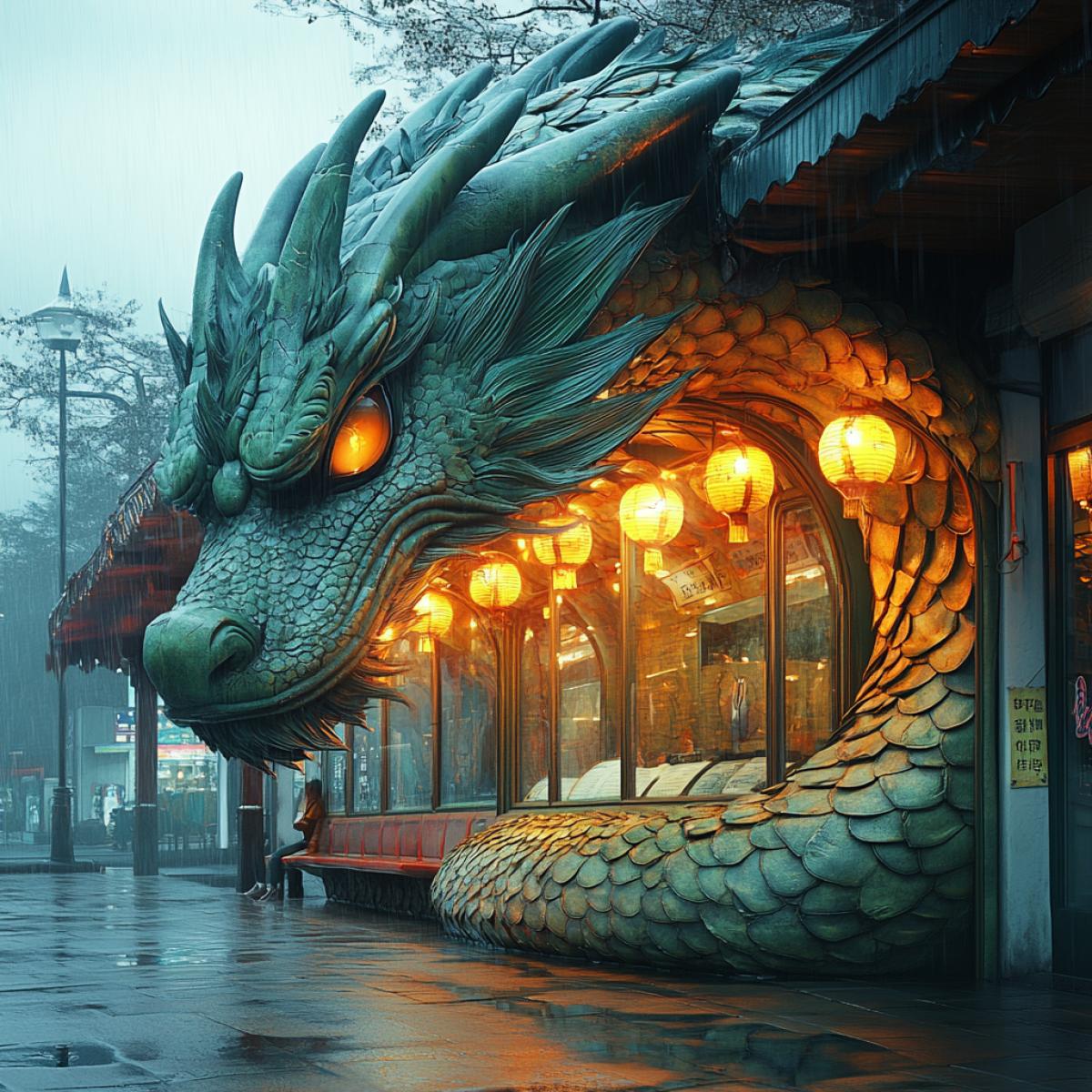 A sleeping dragon-shaped bus stop, night drenched in heavy rain, empty bus resting under glistening droplets, intricate scales shimmering under streetlight reflections, wings folded protectively over weary travelers, dark shadows and vivid colors mixing in stormy ambiance, soft glow of lanterns illuminating the dragons serene face, whimsical fusion of fantasy and transportation, puddles mirroring the mythical creature.
