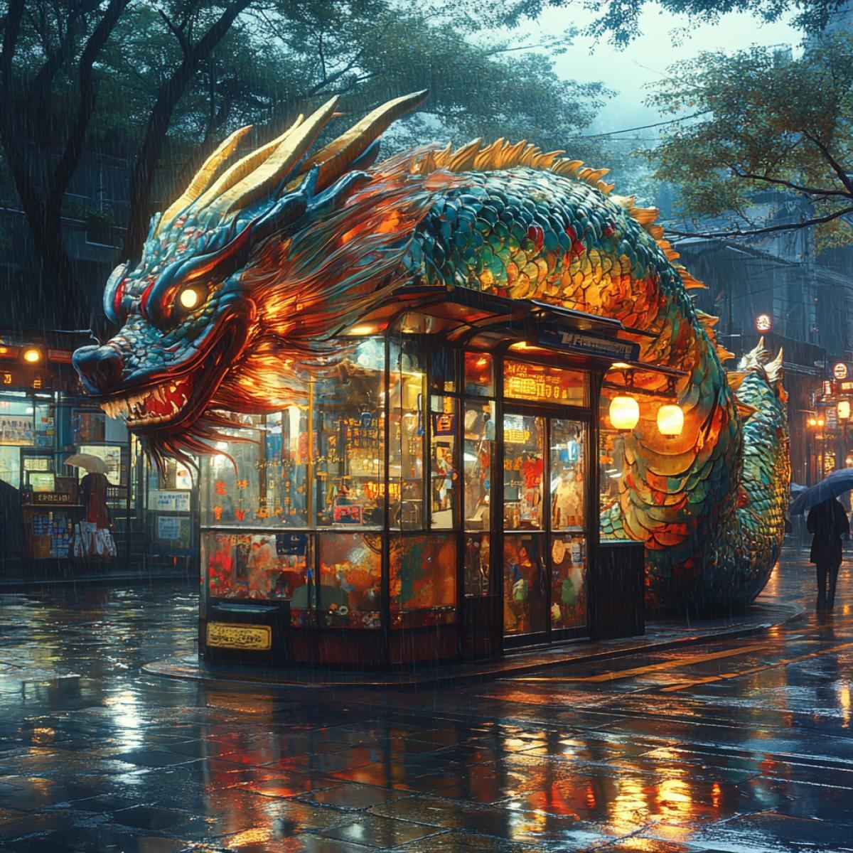 A sleeping dragon-shaped bus stop, night drenched in heavy rain, empty bus resting under glistening droplets, intricate scales shimmering under streetlight reflections, wings folded protectively over weary travelers, dark shadows and vivid colors mixing in stormy ambiance, soft glow of lanterns illuminating the dragons serene face, whimsical fusion of fantasy and transportation, puddles mirroring the mythical creature.
