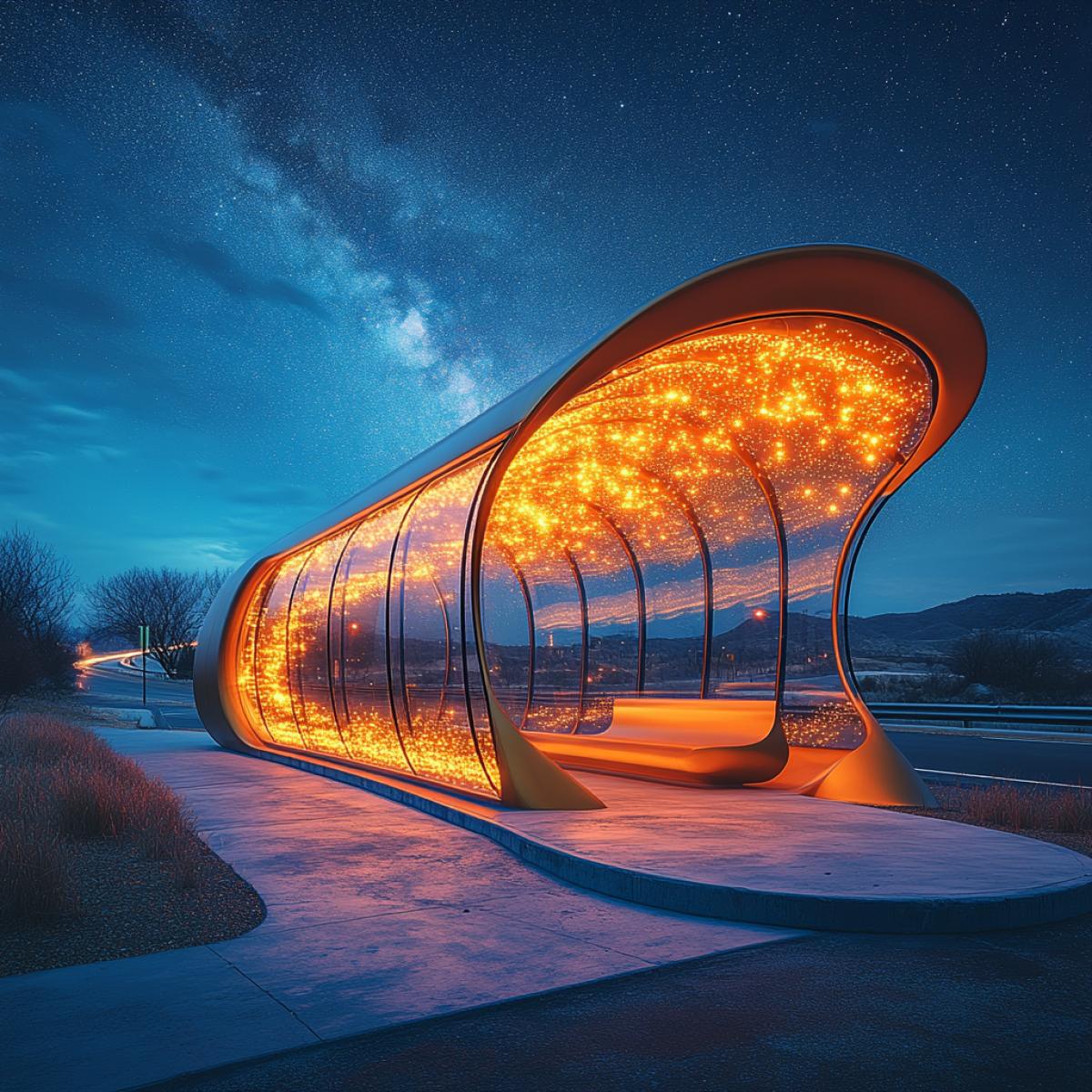 A bathyscaphe-shaped bus stop, starry southern summer night stretching above, distant silhouette of a bus on a winding highway, deep blue sky punctuated by brilliant constellations, bioluminescent accents glowing along the structures edges, underwater-inspired details merging with land, soft curves mimicking oceanic forms, enchanting aura of exploration and transition.