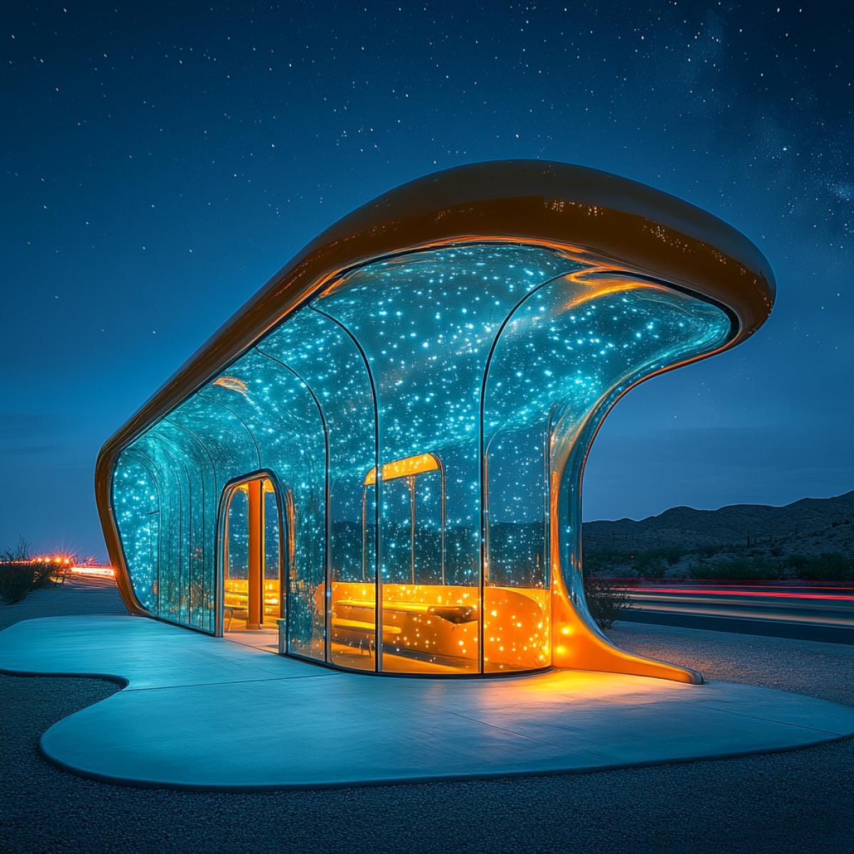 A bathyscaphe-shaped bus stop, starry southern summer night stretching above, distant silhouette of a bus on a winding highway, deep blue sky punctuated by brilliant constellations, bioluminescent accents glowing along the structures edges, underwater-inspired details merging with land, soft curves mimicking oceanic forms, enchanting aura of exploration and transition.