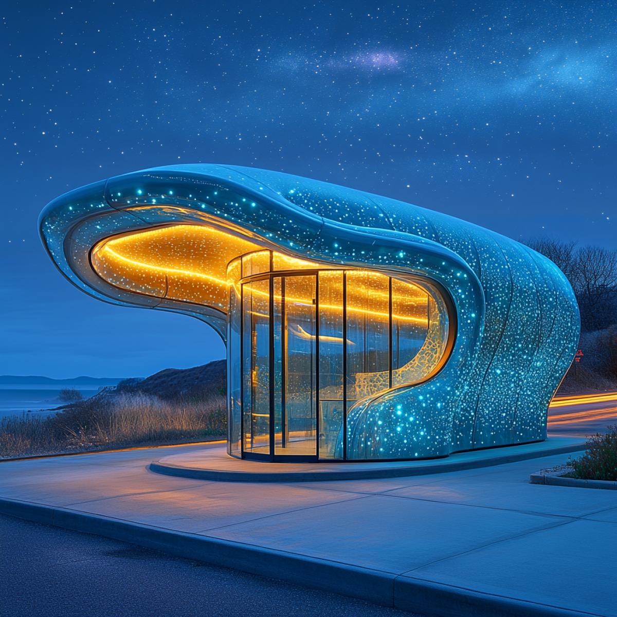 A bathyscaphe-shaped bus stop, starry southern summer night stretching above, distant silhouette of a bus on a winding highway, deep blue sky punctuated by brilliant constellations, bioluminescent accents glowing along the structures edges, underwater-inspired details merging with land, soft curves mimicking oceanic forms, enchanting aura of exploration and transition.
