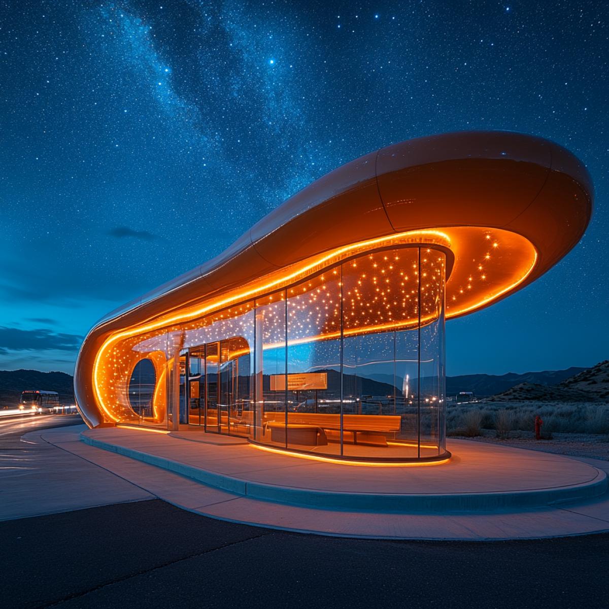 A bathyscaphe-shaped bus stop, starry southern summer night stretching above, distant silhouette of a bus on a winding highway, deep blue sky punctuated by brilliant constellations, bioluminescent accents glowing along the structures edges, underwater-inspired details merging with land, soft curves mimicking oceanic forms, enchanting aura of exploration and transition.