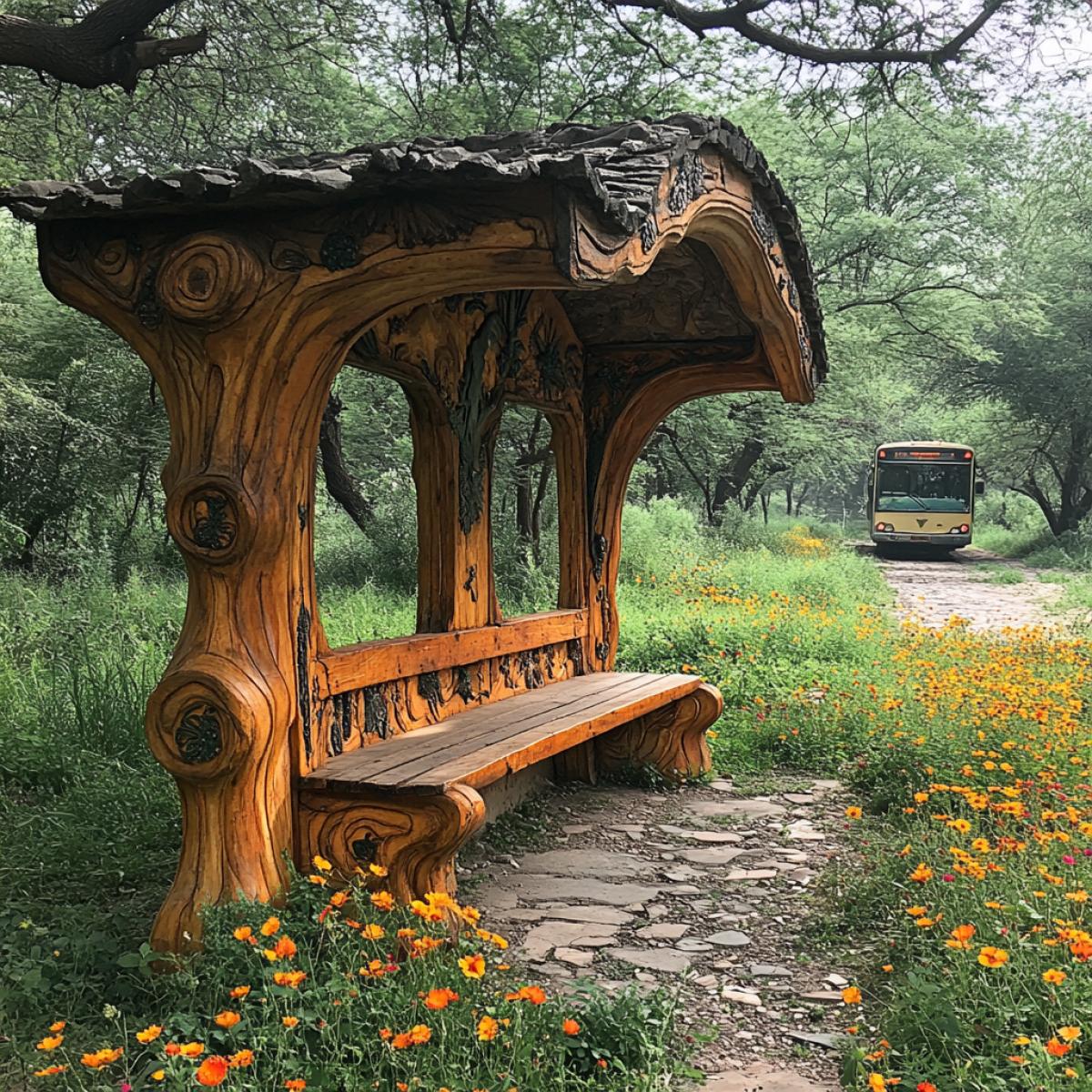 A Baba Yagas hut-shaped bus stop, scorching sun beating down on a desolate highway, bus approaching in shimmering heat haze, crooked wooden structure with thatched roof, chicken-footed legs slightly elevated from cracked asphalt, enchanted carvings telling stories of magic and mystery, wildflowers growing through the cracks, vibrant greens contrasting with the dusty road.
