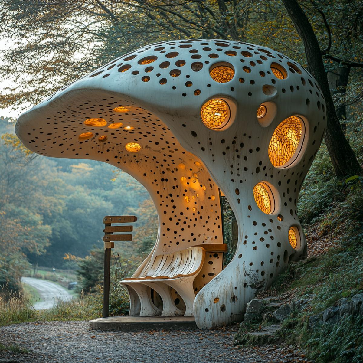 A white mushroom-shaped bus stop, nestled near a quaint village along a dusty country road, oversized cap providing ample shade, intricate gills and spots adorning the surface, surrounding wild grasses swaying gently in the breeze, rustic wooden signpost pointing towards village paths, dappled sunlight filtering through leafy trees, whimsical design blending seamlessly with the pastoral landscape.