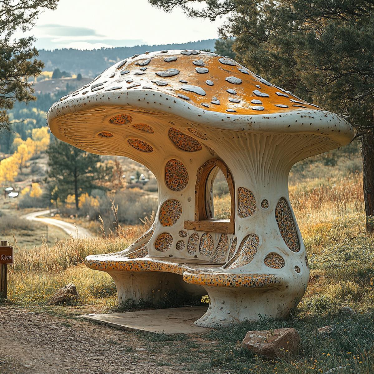 A white mushroom-shaped bus stop, nestled near a quaint village along a dusty country road, oversized cap providing ample shade, intricate gills and spots adorning the surface, surrounding wild grasses swaying gently in the breeze, rustic wooden signpost pointing towards village paths, dappled sunlight filtering through leafy trees, whimsical design blending seamlessly with the pastoral landscape.