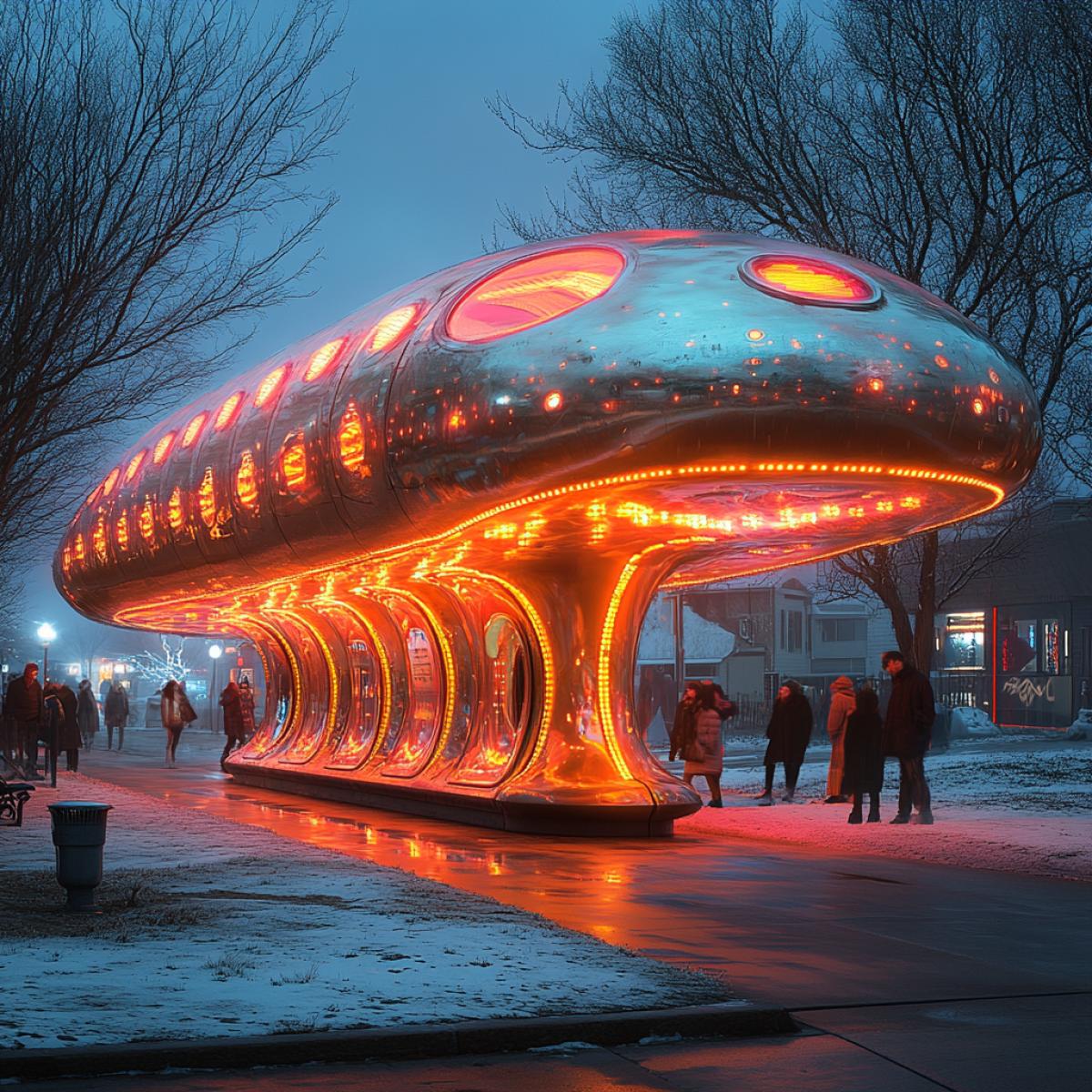 A UFO-shaped bus stop, sleek metallic surface reflecting the sky, hovering just above ground on hidden levitation tech, vibrant neon lights pulsating in rhythm, surrounded by curious onlookers in a suburban setting, glowing windows suggesting an alien interior, minimalistic design with a futuristic touch, sprawling lawn dotted with intergalactic motifs, soft hum of energy beneath the strange structure.