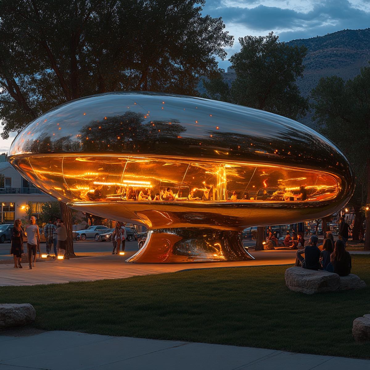 A UFO-shaped bus stop, sleek metallic surface reflecting the sky, hovering just above ground on hidden levitation tech, vibrant neon lights pulsating in rhythm, surrounded by curious onlookers in a suburban setting, glowing windows suggesting an alien interior, minimalistic design with a futuristic touch, sprawling lawn dotted with intergalactic motifs, soft hum of energy beneath the strange structure.