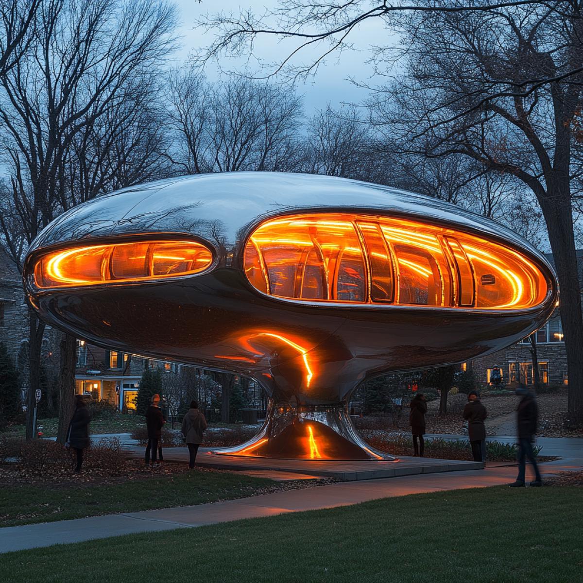 A UFO-shaped bus stop, sleek metallic surface reflecting the sky, hovering just above ground on hidden levitation tech, vibrant neon lights pulsating in rhythm, surrounded by curious onlookers in a suburban setting, glowing windows suggesting an alien interior, minimalistic design with a futuristic touch, sprawling lawn dotted with intergalactic motifs, soft hum of energy beneath the strange structure.