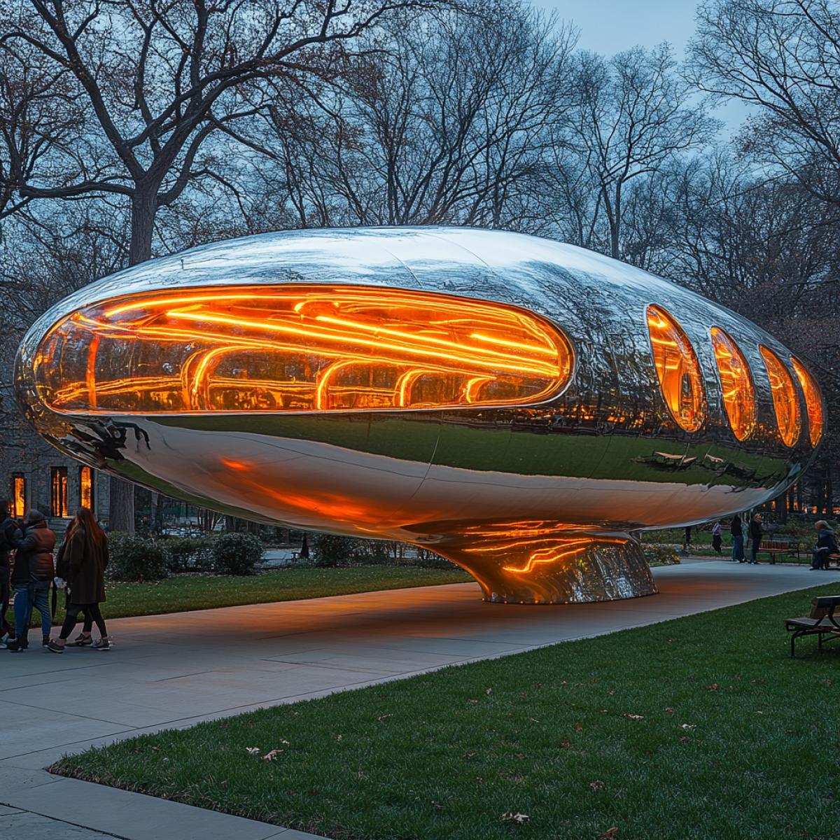 A UFO-shaped bus stop, sleek metallic surface reflecting the sky, hovering just above ground on hidden levitation tech, vibrant neon lights pulsating in rhythm, surrounded by curious onlookers in a suburban setting, glowing windows suggesting an alien interior, minimalistic design with a futuristic touch, sprawling lawn dotted with intergalactic motifs, soft hum of energy beneath the strange structure.