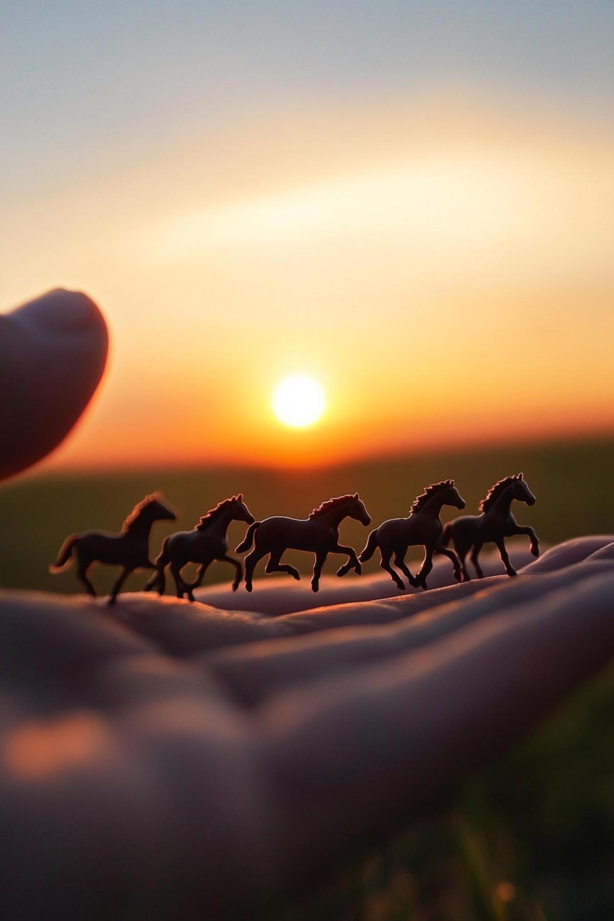 Herd of microscopic horses galloping along my palm on the background of sunset