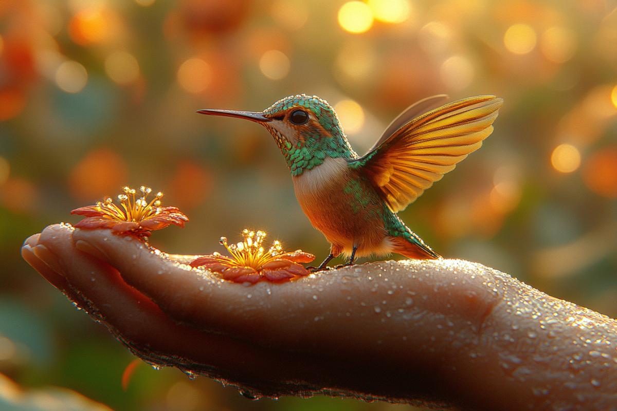 A miniature iridescent hummingbird, smaller than a fingernail, perched on a weathered hand, catching the light like a scattered jewel, hyperrealistic, macro photography, bokeh
