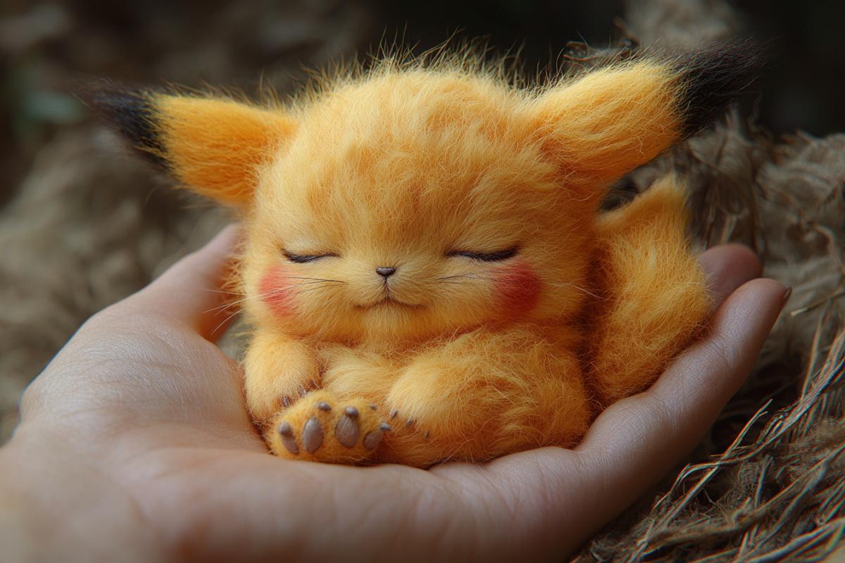 A miniature, hyperrealistic Pikachu, curled asleep in the palm of a hand, soft yellow fur, subtle electrical sparks, Pokemon, detailed textures, heartwarming