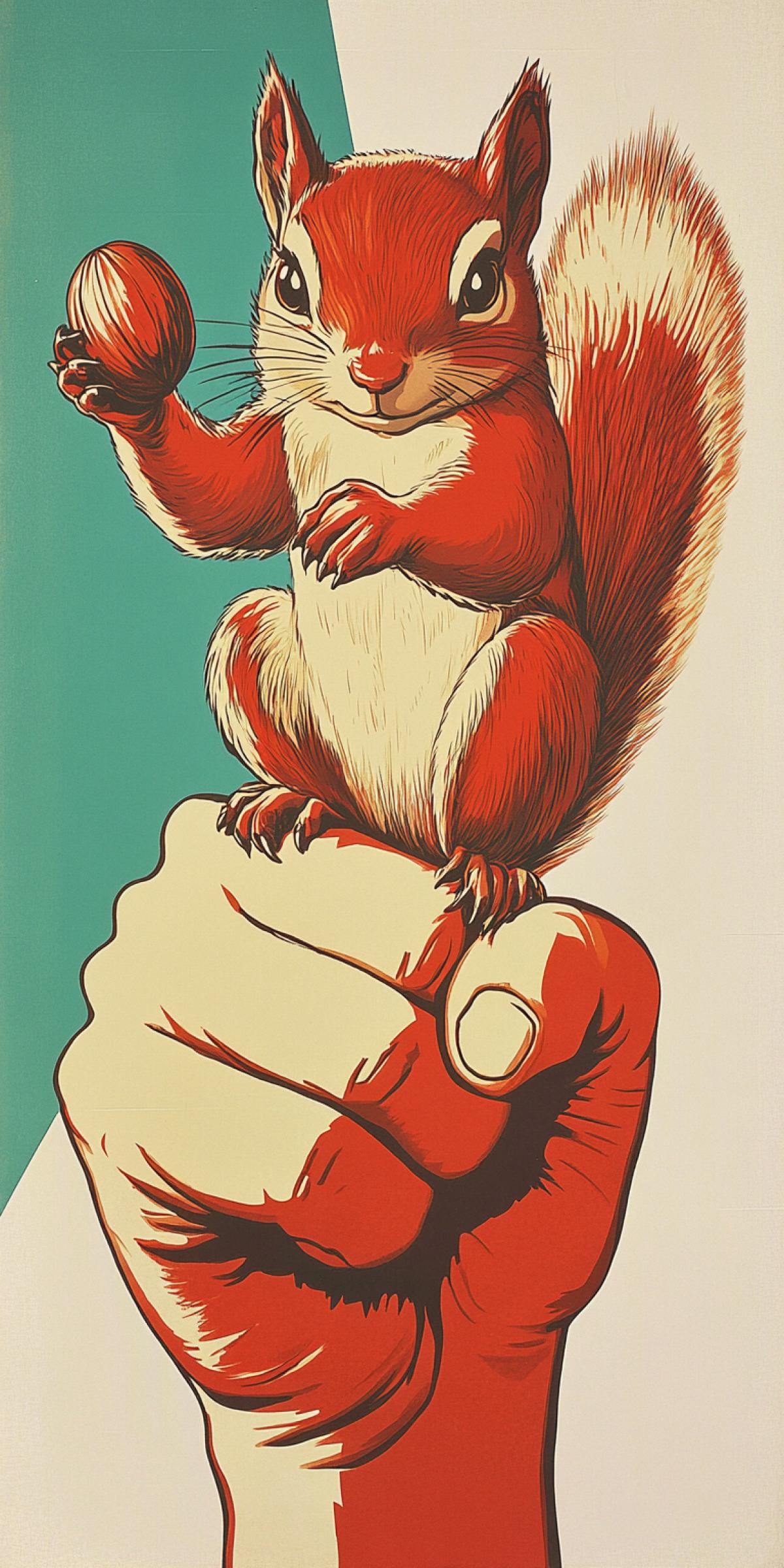 Tiny, heroic squirrel, holding a nut, perched on a finger pointing towards the future, Soviet poster art style, bold colors, strong lines, propaganda art, optimistic message