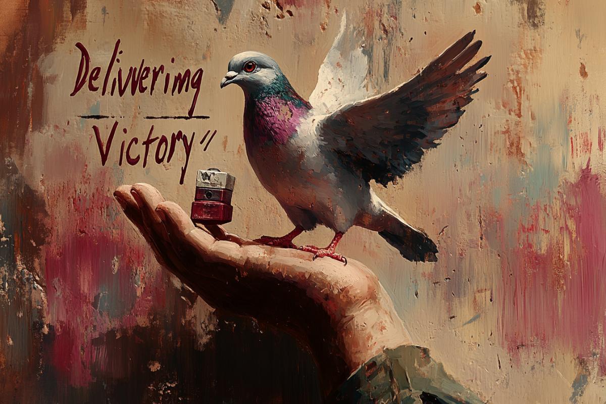 Tiny, brave carrier pigeon, holding a miniature message capsule, perched on a soldiers outstretched hand, vintage illustration style, muted colors, \"Delivering Victory\", patriotic message