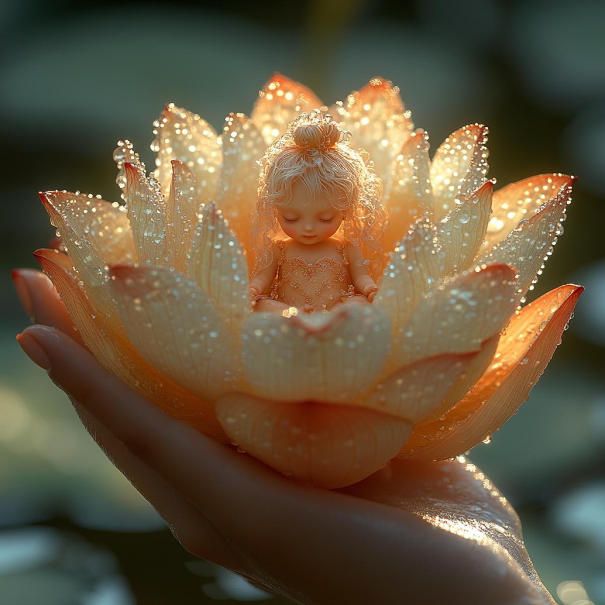 A womans palm gently cradling a lotus flower, vibrant petals in gradient hues of pink and white, tiny Thumbelina nestled in the heart, intricately detailed dress adorned with dewdrops, golden sunlight casting shadows on her delicate figure, intricate veins on the palm contrasting the softness of the bloom, ethereal background of blurred greenery, serene ambiance evoking a tranquil fairy tale.